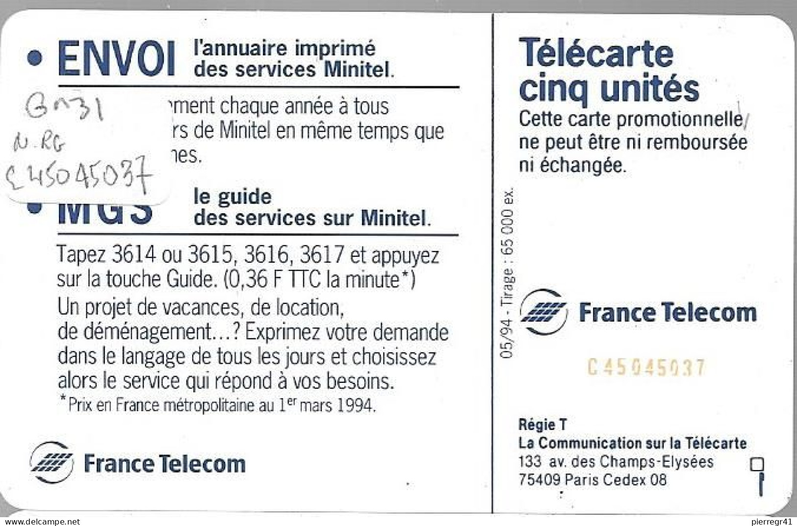 CARTE-PRIVEE-5U-GN31-SC7 -05/94-ENVOI-MGS-UTILISE-Série N°Rge 45045037-Utilisé -TBE- - 5 Unità