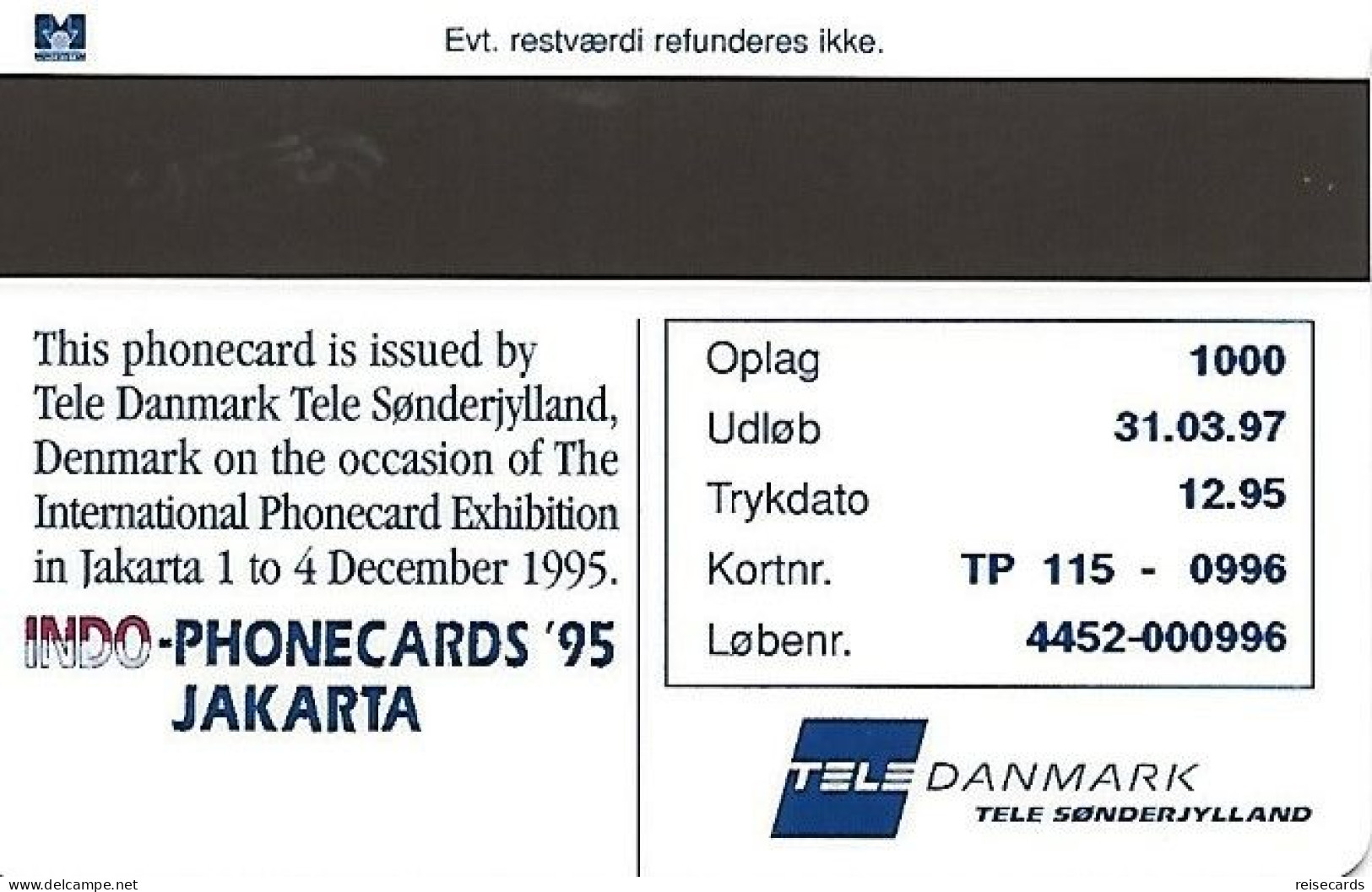 Denmark: Tele Danmark/Tele Soenderjylland - Int. Phonecard Exhibition Jakarta '95 - Danemark