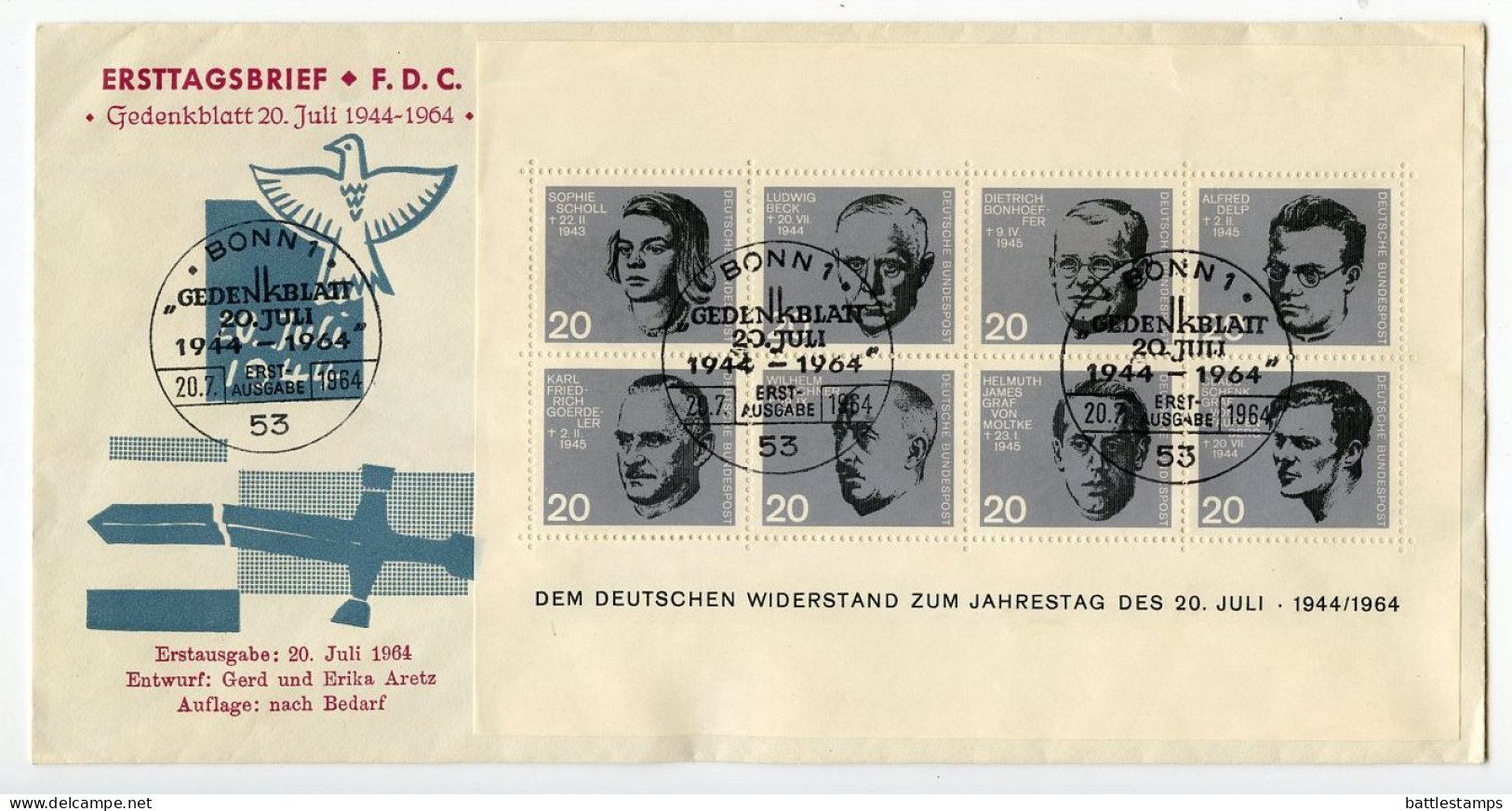 Germany, West 1964 FDC Scott 883-890 Sheet - German Resistance To The Nazis - 1961-1970