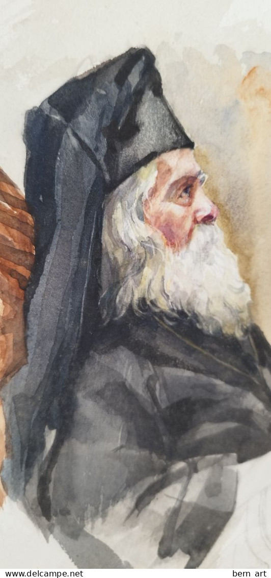 Equisse Aquarelle "Prêtre Orthodoxe Assis Dans Un Fauteuil, La Barbe Blanche, La Robe Et La Coiffe Noire". Signé. 1901 - Aquarelles