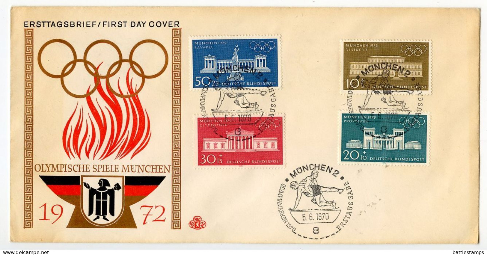 Germany, West 1970 FDC Scott B459-B462 Semi-Postals - 1972 Olympic Games, Munich Buildings - 1961-1970