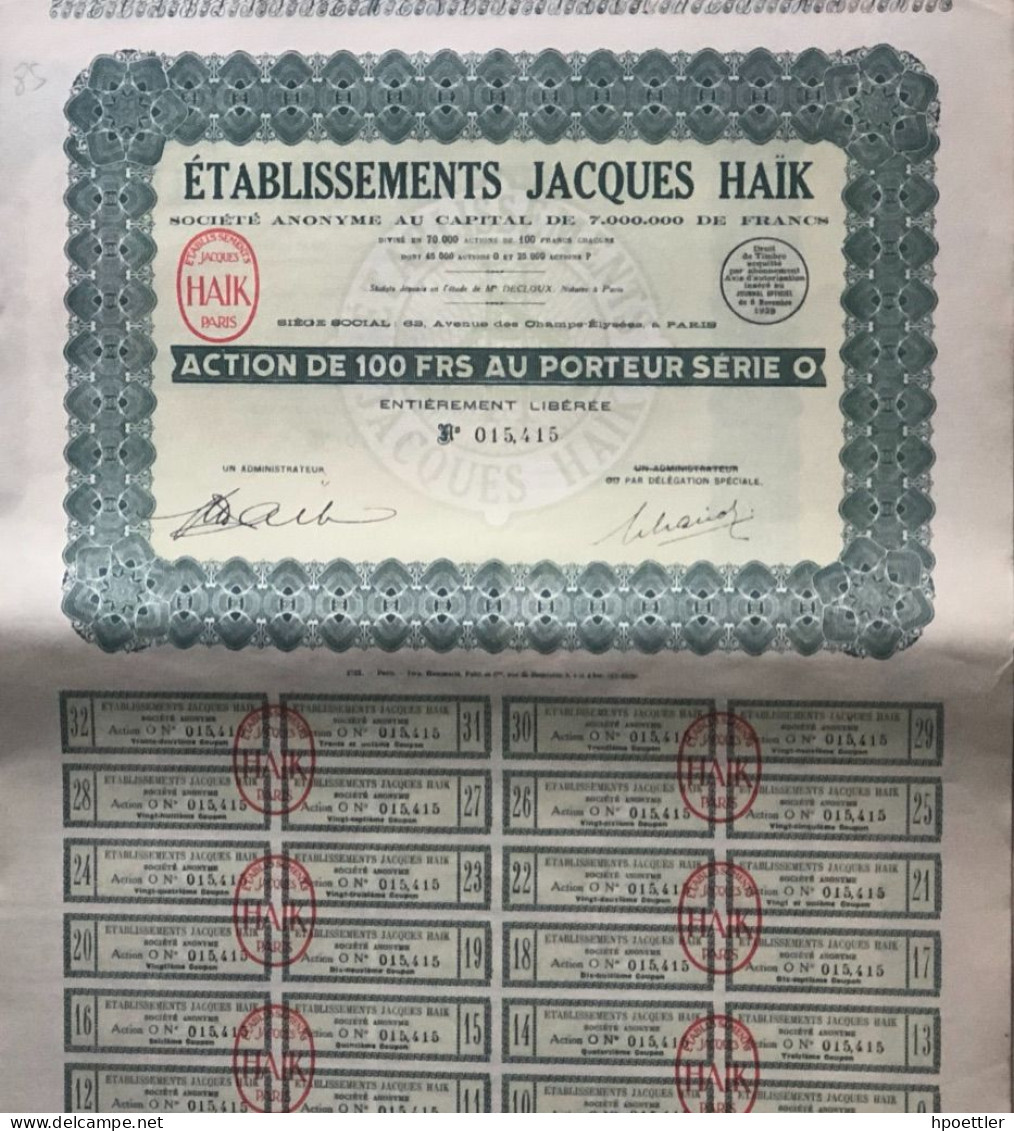 Paris 1931: Etbalissements "Jaques Haik" Action 100 Francs - Cinéma & Théatre