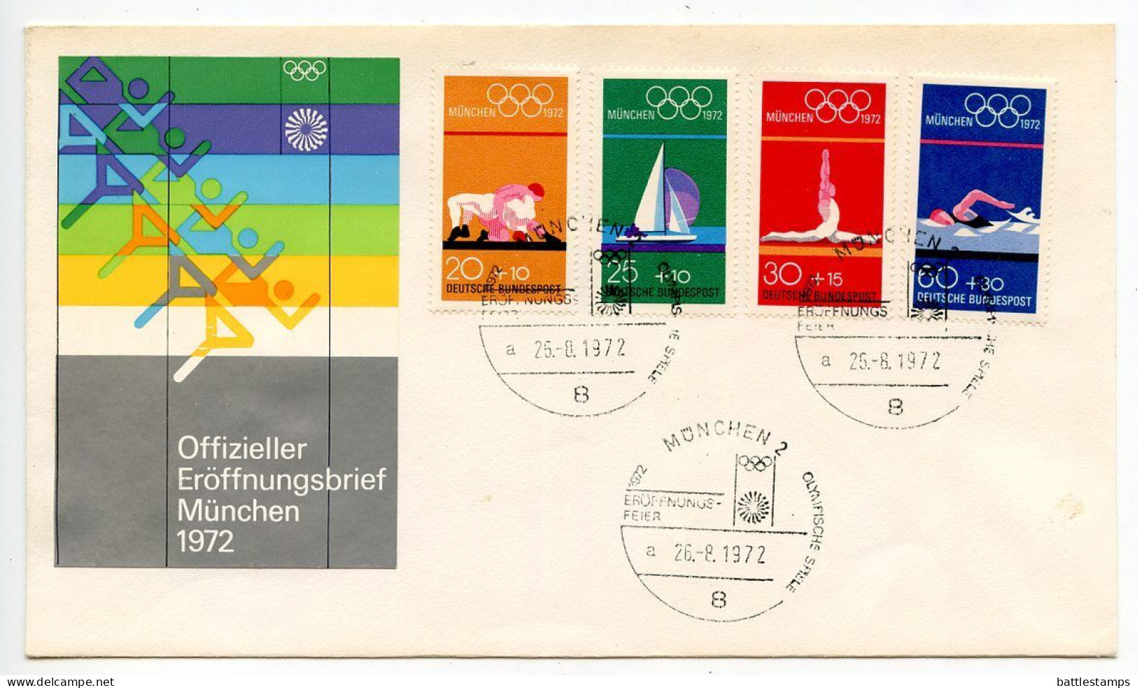 Germany, West 1972 FDC Scott B485-B488 Semi-Postals, Olympic Games - Wrestling, Sailing, Gymnastics, Swimming - 1961-1970