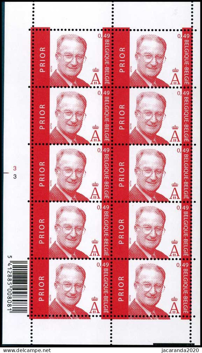 België 3132 F - Koning Albert II - 0,49 Rood - Velletje Van 10 - Plnr 3 - 2001-2010