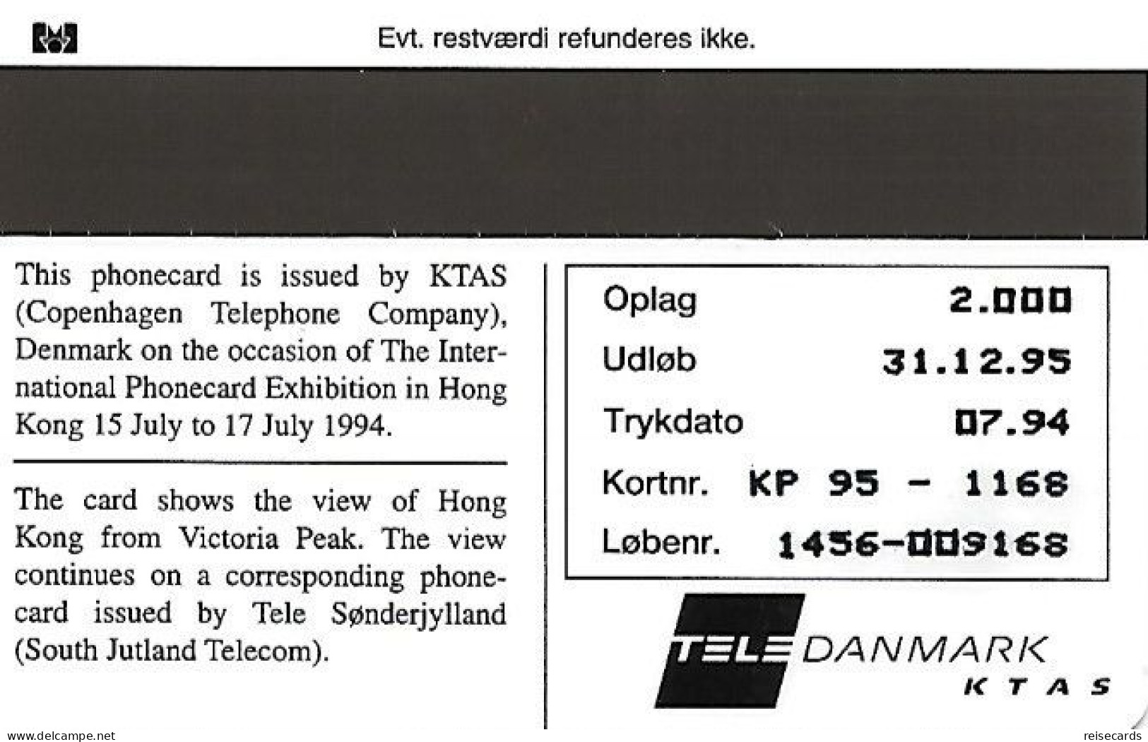 Denmark: Tele Danmark/KTAS - Int. Phonecard Exhibition Hong Kong '94 - Denemarken