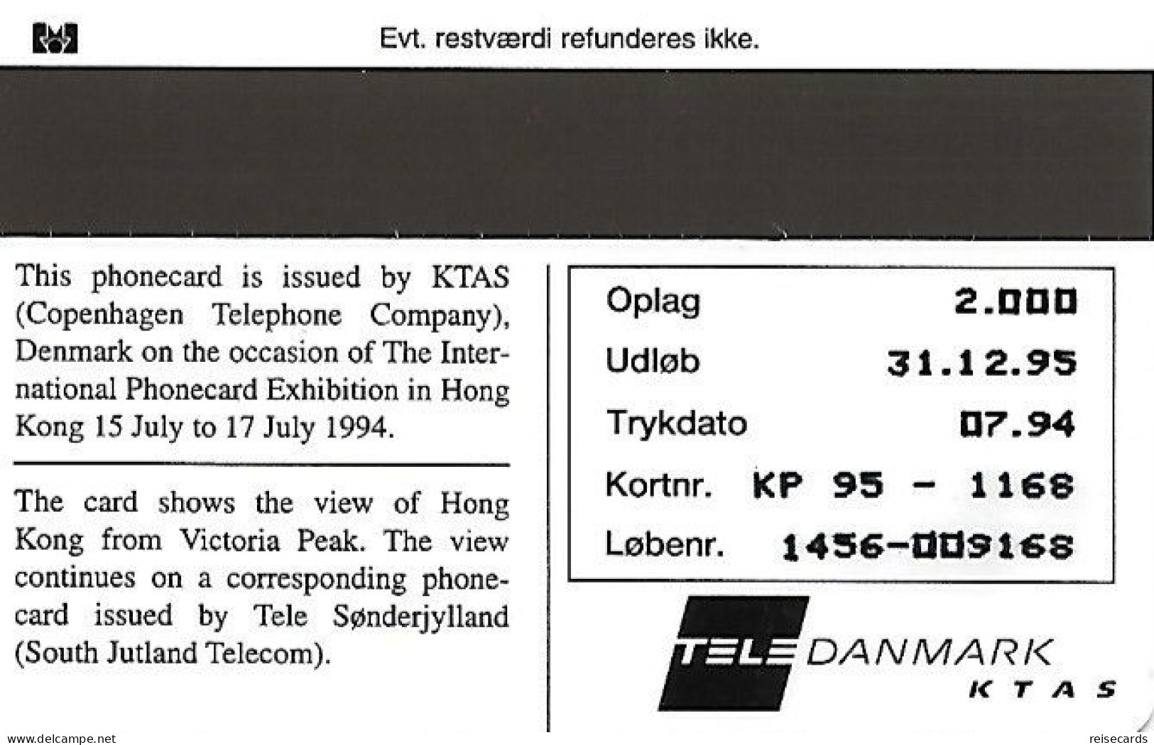 Denmark: Tele Danmark/KTAS - Int. Phonecard Exhibition Hong Kong '94 - Denmark