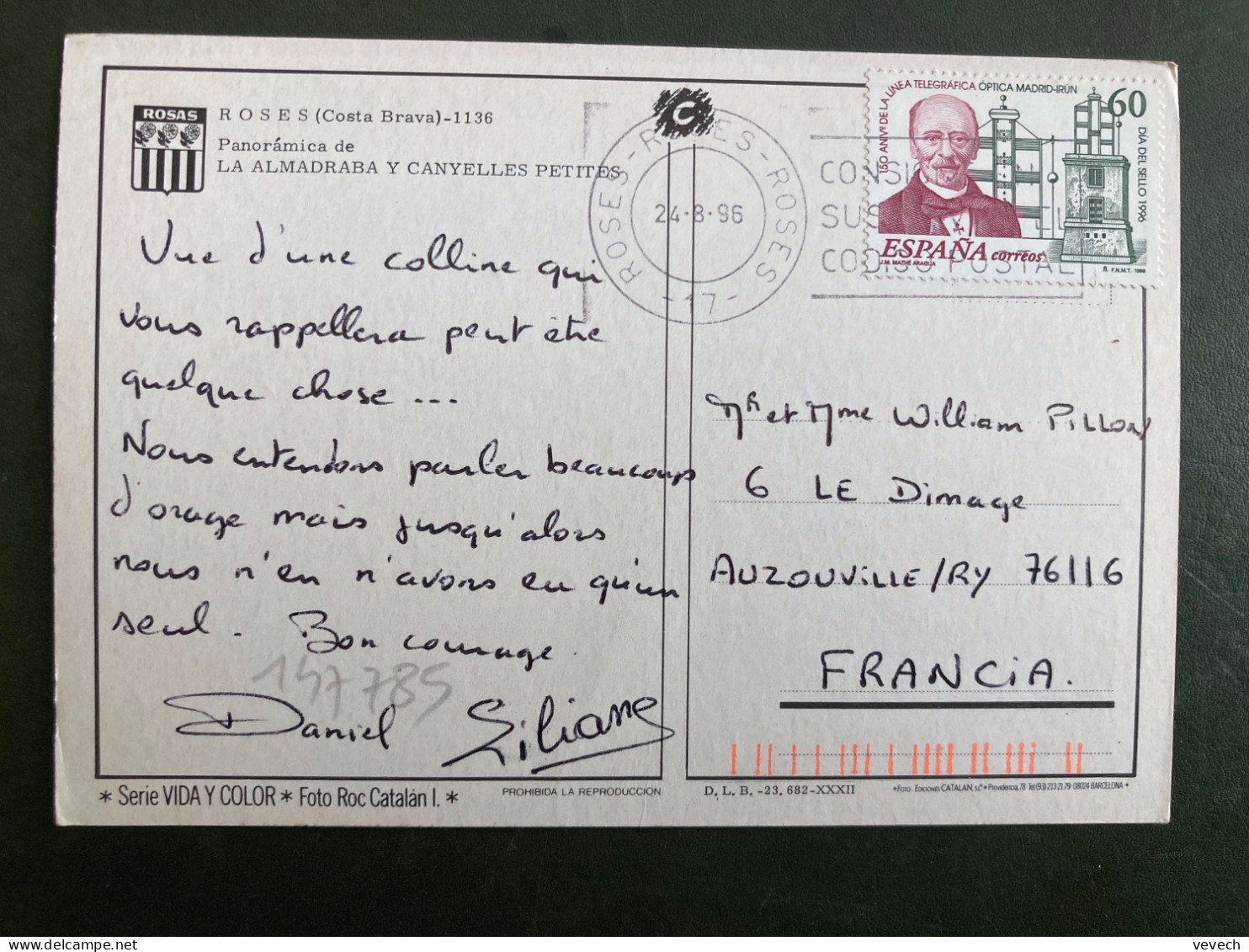 CP Pour La FRANCE TP LINEA TELEGRAFICA OPTICA MADRID IRUN 60 OBL.MEC.24 8 96 ROSES - Storia Postale