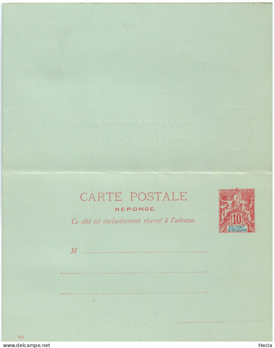 Anjouan Carte Postale Réponse 10c + 10c CP4a (ACEP) - Covers & Documents