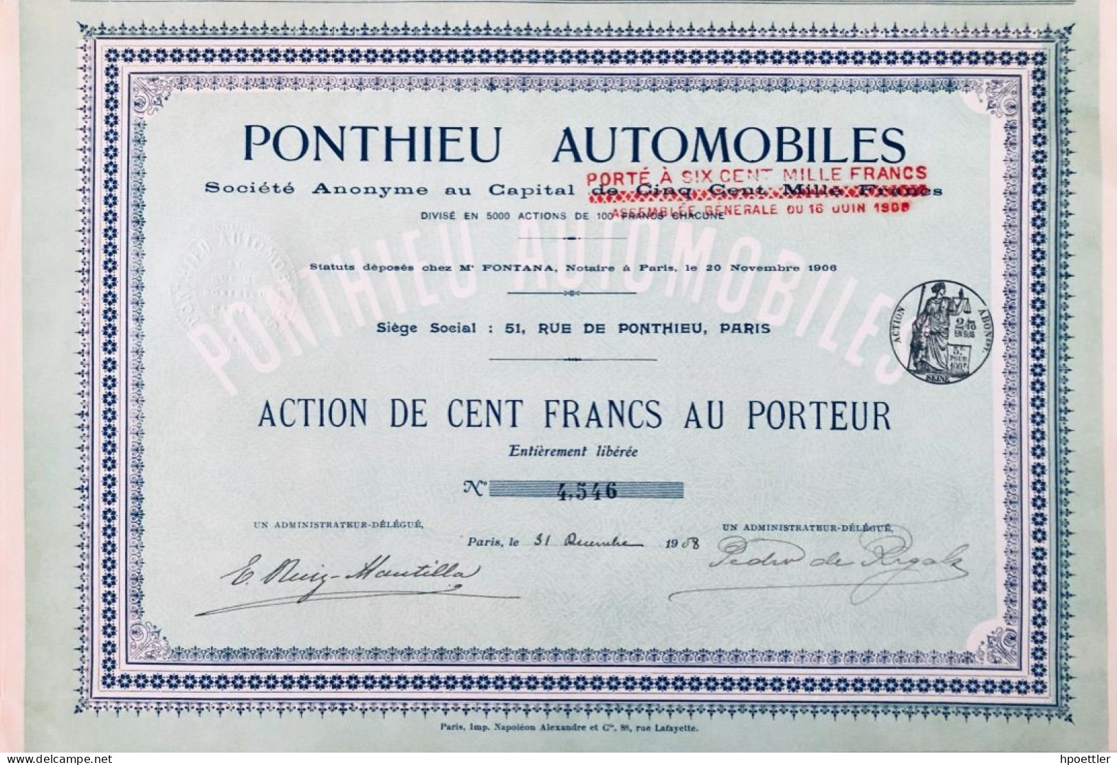 Paris 1958 - Action 100 Francs - Ponthieu Automobiles + Coupons - Cars