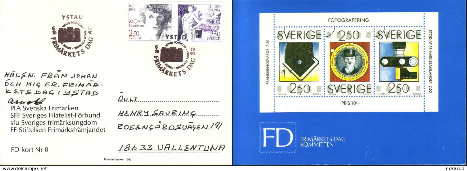 Sweden - Moa Martinson F#1654SX1 YSTAD 6/10 1990 FD On FD-card Nr 8 (Stamp Day) - FDC