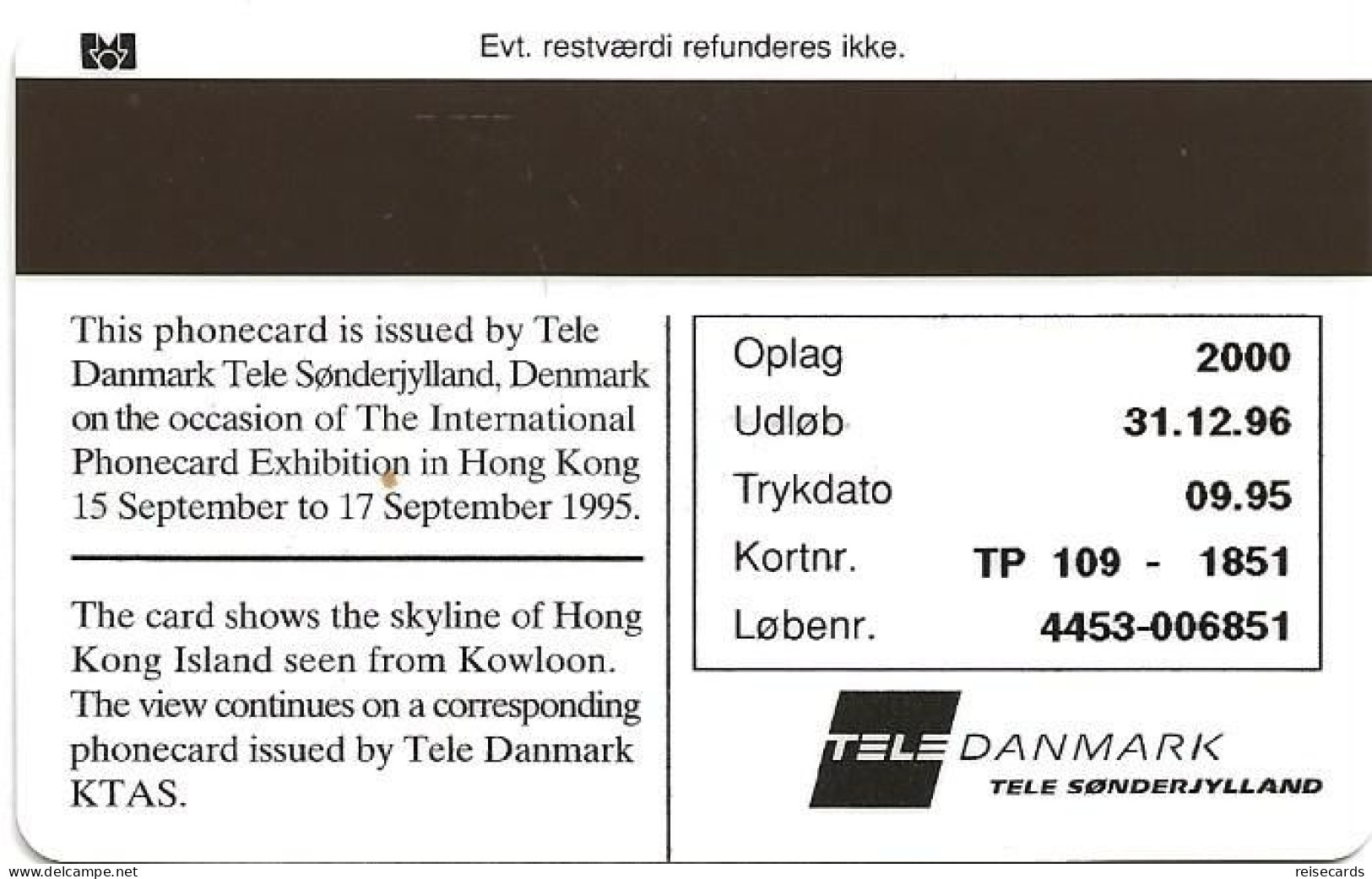 Denmark: Tele Danmark/Tele Soenderjylland - Int. Phonecard Exhibition Hong Kong '95 - Denemarken