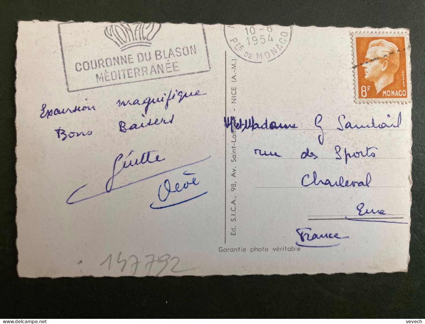 CP Pour La FRANCE TP RAINIER III 8F Annulé à L'arrivée Par Cachet Linéaire Tirette + OBL.MEC.10-8 1954 Pte DE MONACO - Brieven En Documenten