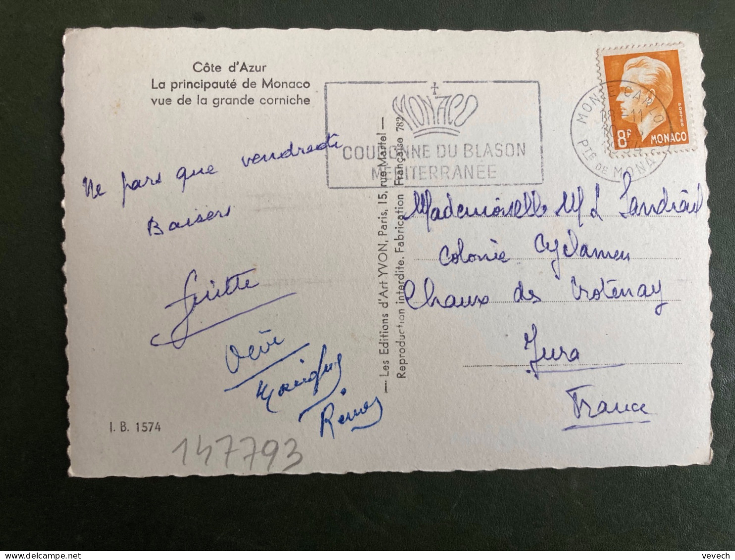 CP Pour La FRANCE TP RAINIER III 8F OBL.MEC.10-8 1954 MONTE CARLO Pte DE MONACO - Briefe U. Dokumente