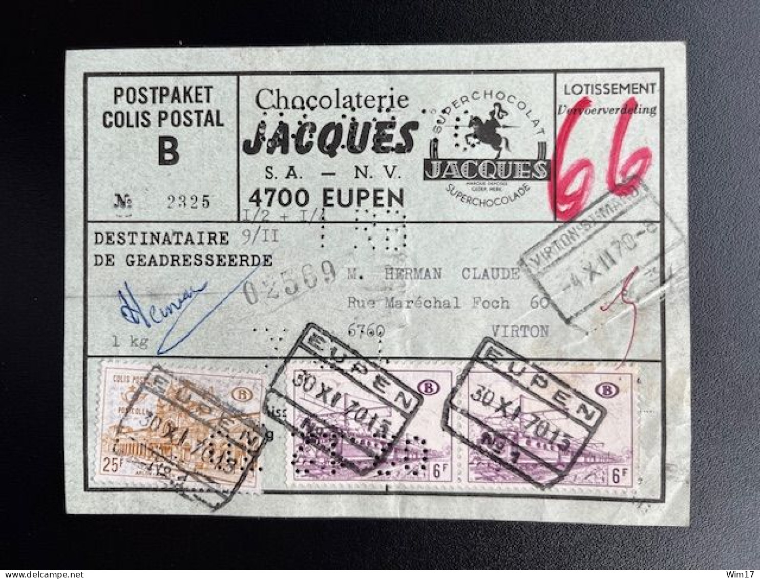 BELGIUM 1970 FREIGHT LETTER EUPEN TO VIRTON 30-11-1970 BELGIE BELGIQUE TRAINS COLIS POSTAL POSTPAKET - Brieven En Documenten