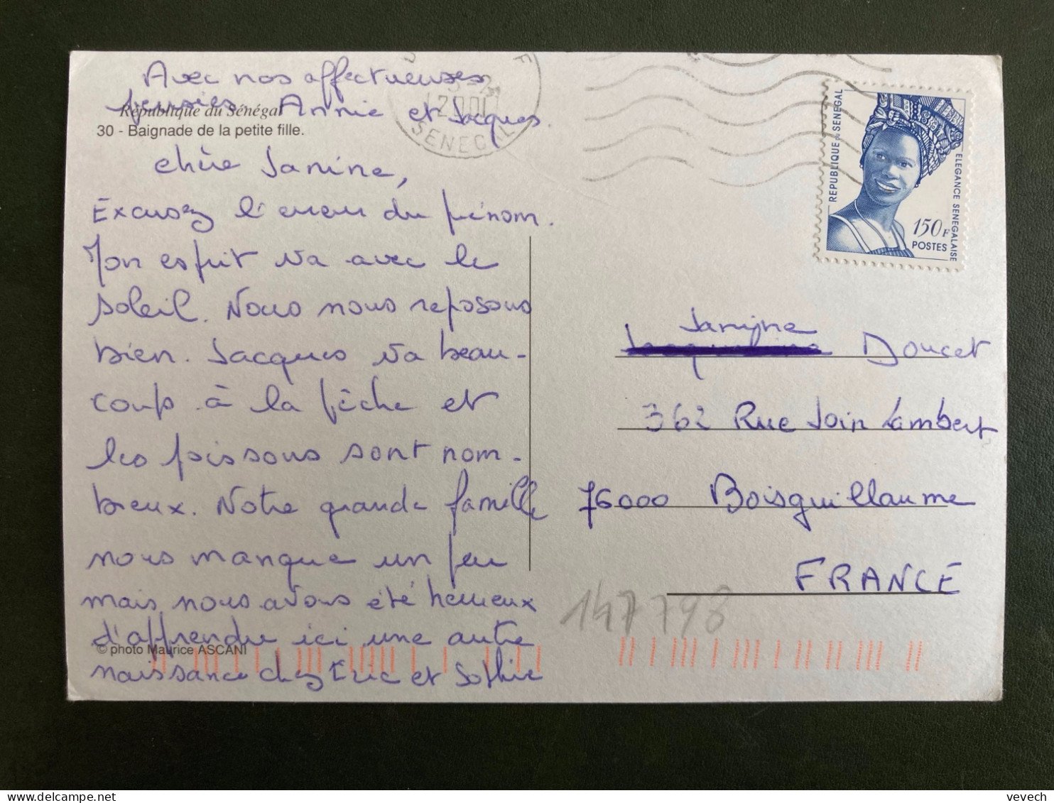 CP Pour La FRANCE TP ELEGANCE SENEGALAISE 150F OBL.MEC.3-2 2001 - Senegal (1960-...)