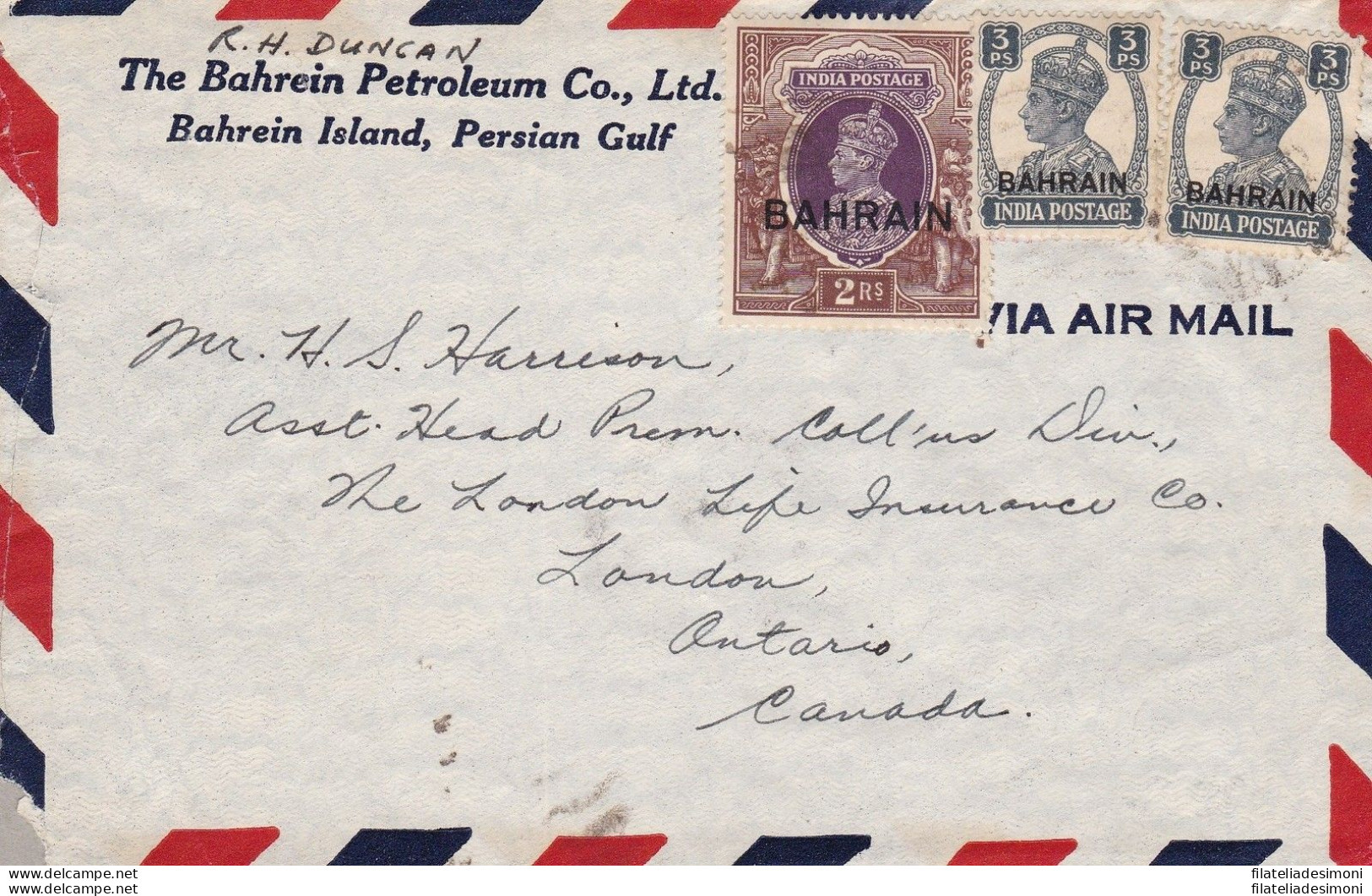 1938-45 Bahrain - Letter To Canada Franked With Stamps Of George VI° - Verenigde Arabische Emiraten