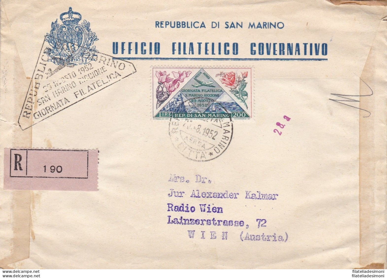 1952 SAN MARINO - PA N° 108 200 Lire  Su BUSTA PRIMO GIORNO - Autres & Non Classés