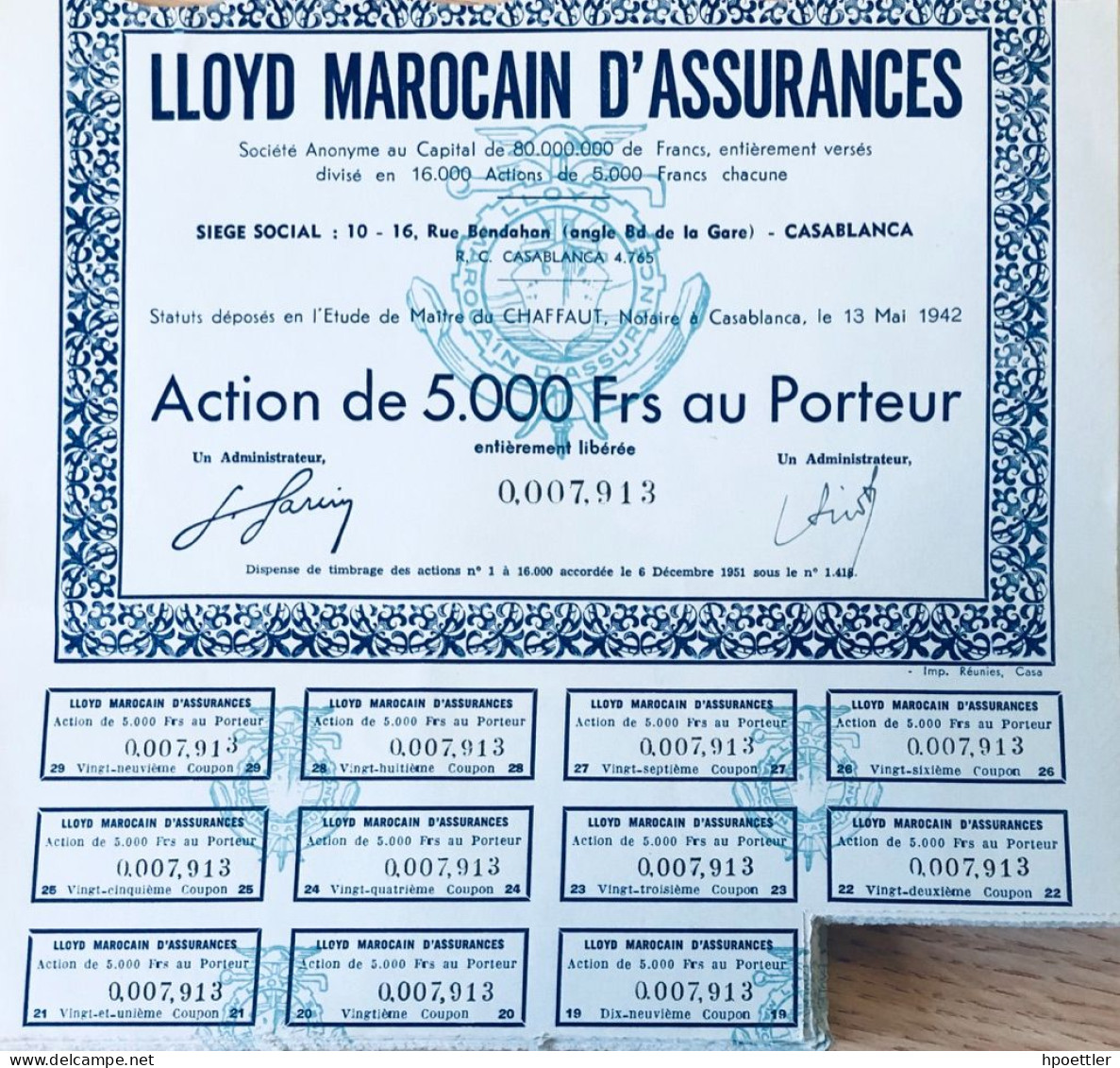 Lloyd Marocain D'Assurances Action 5.000 Francs 1951 + Coupons - Bank & Versicherung