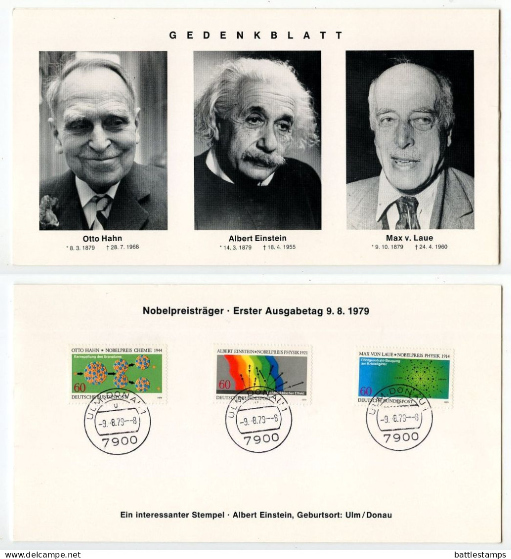 Germany, West 1979 FDC Folder Scott 1299-1301 Nobel Prize Winners Otto Hahn, Albert Einstein, Max V. Laue - 1971-1980