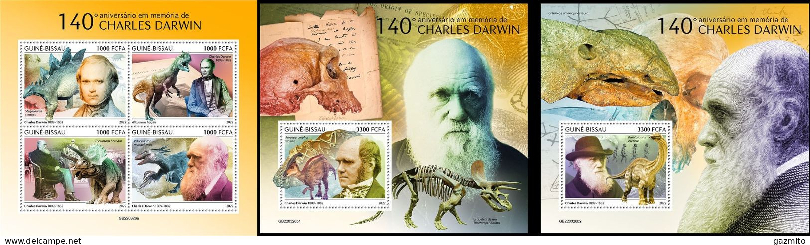 Guinea Bissau 2022, Darwin, Dinosaurs, Fossil, 4val In BF+BF - Ecrivains