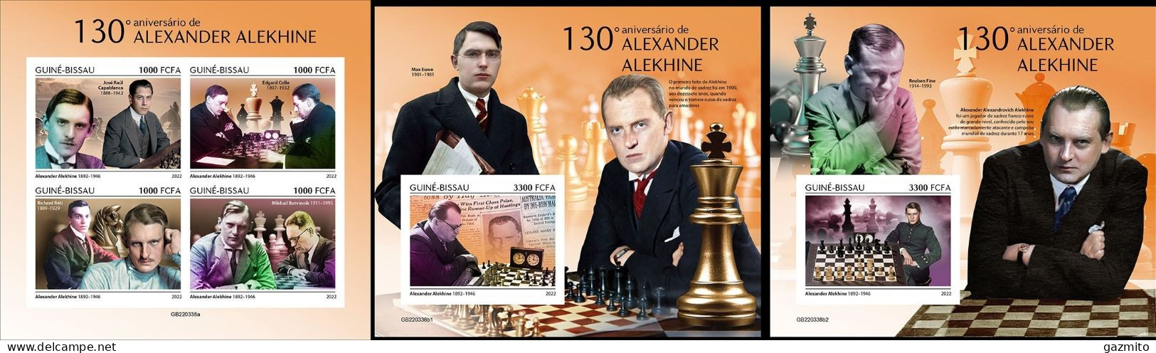 Guinea Bissau 2022, Chess, A. Alekhine, 4val In BF+BF IMPERFORATED - Ajedrez