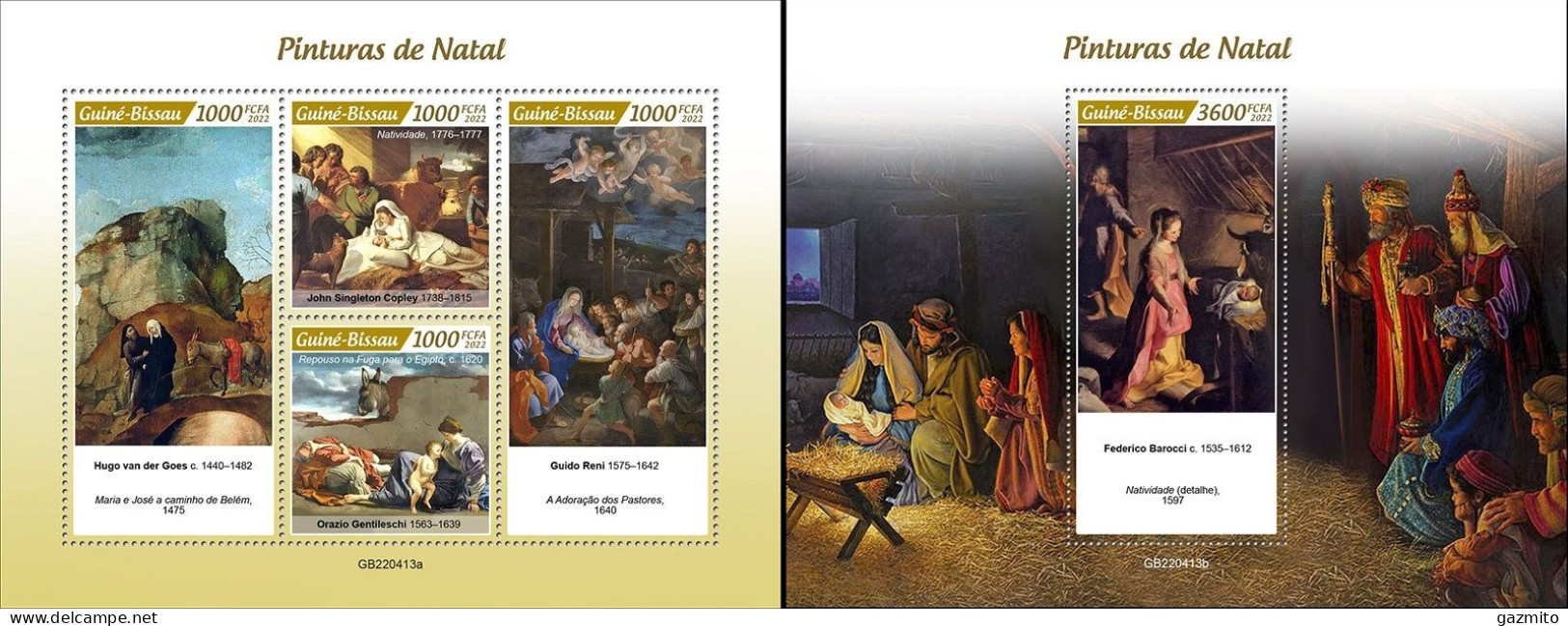 Guinea Bissau 2022, Christmas, Painting, Barocci, Reni, Gentileschi, 4val In BF+BF - Religie