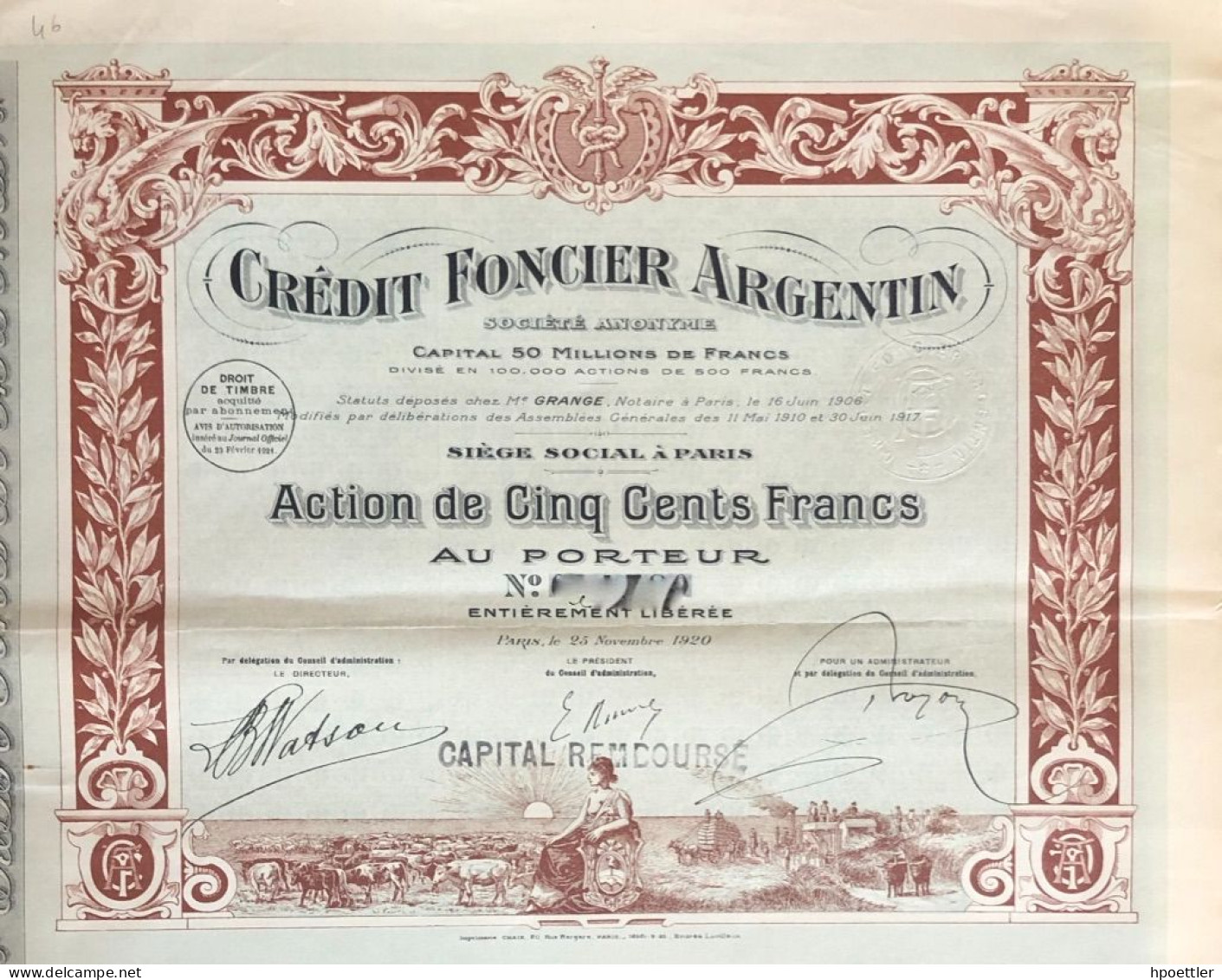 Paris 1920: Action Credit Fonciere Argentin - 500 Francs + Coupons - Banca & Assicurazione