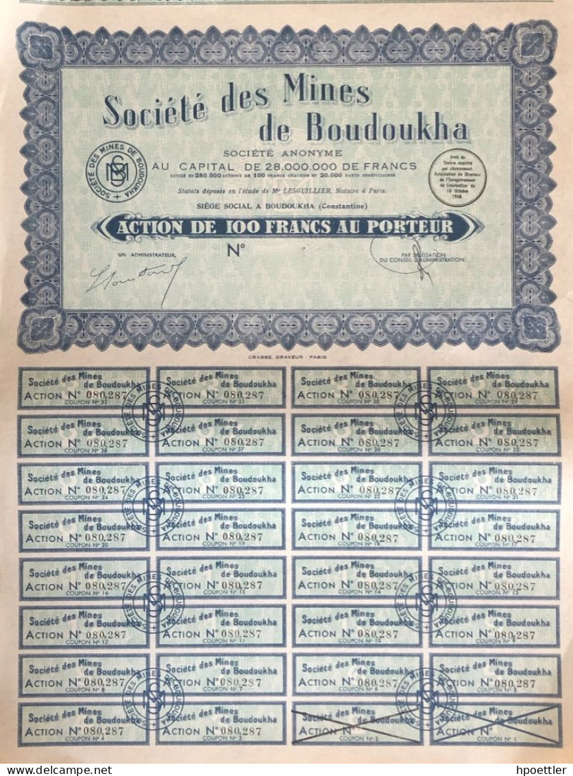 Societe Des Mines De Boudoukha - Action 100 Francs + Coupons - Mines