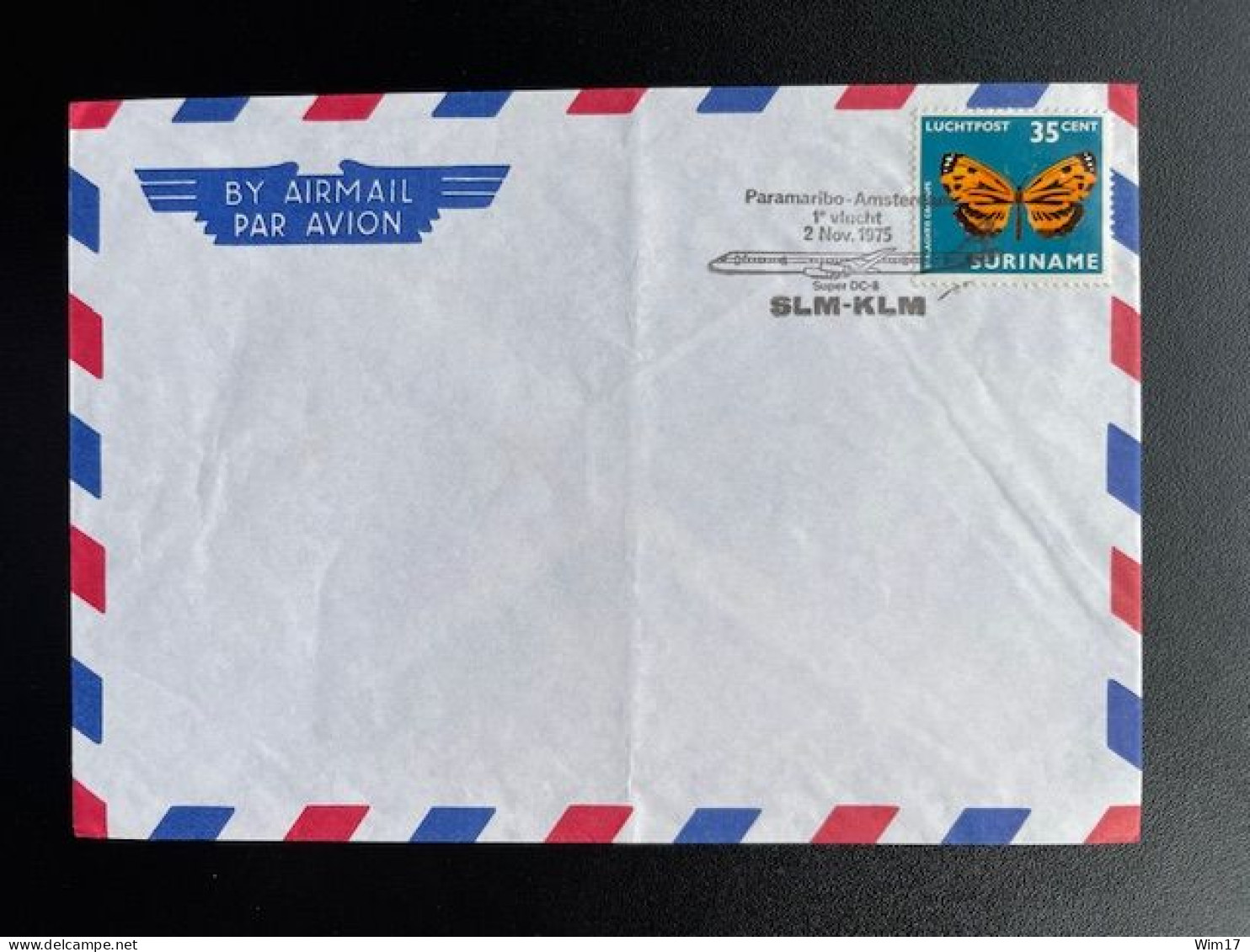 SURINAM 1975 AIR MAIL LETTER POSTMARK FIRST FLIGHT PARAMARIBO TO AMSTERDAM 02-11-1977 SURINAME - Suriname ... - 1975