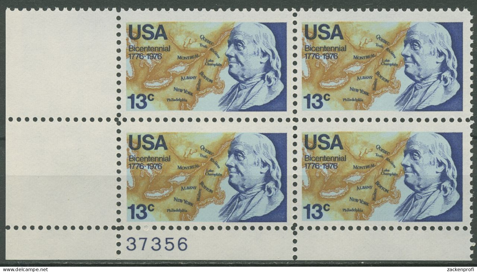 USA 1976 200 Jahre Unabhängigkeit 1277 4er-Block Mit Pl.-Nr. 37356 Postfrisch - Plate Blocks & Sheetlets