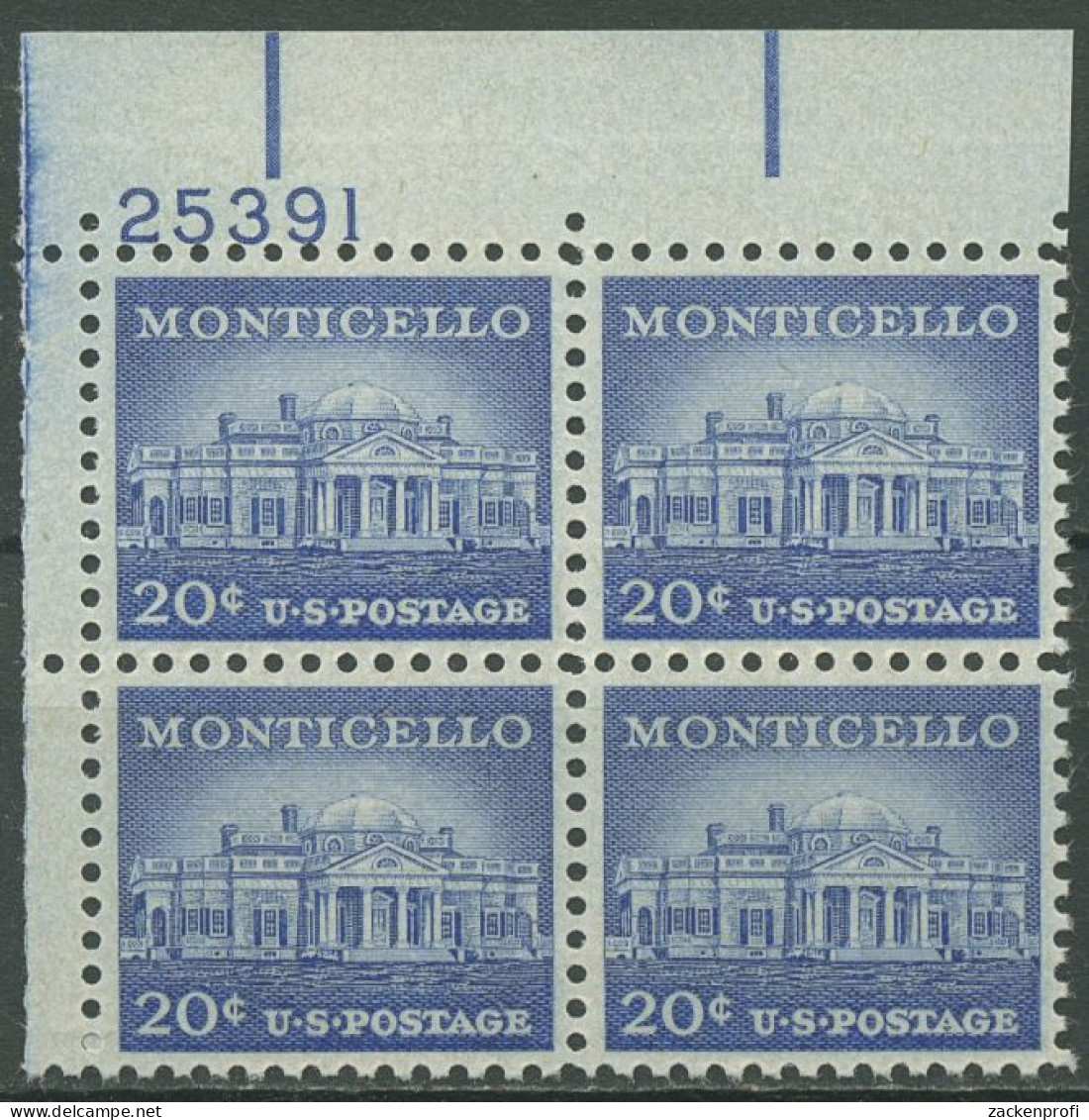 USA 1954 Wohnsitz V. Thomas Jefferson 669 Ax 4er-Block Mit Pl.-Nr. Postfrisch - Plattennummern