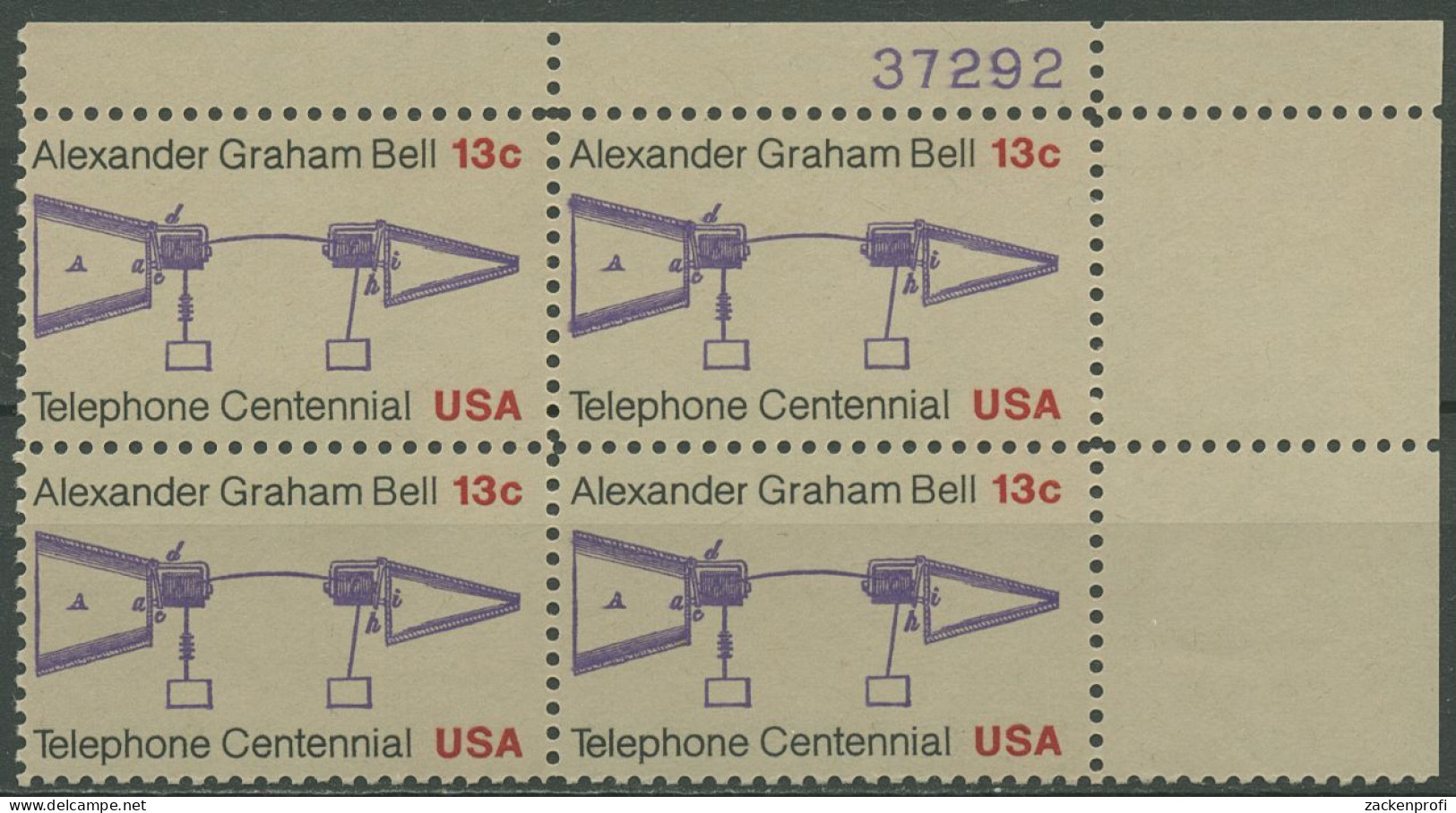 USA 1976 100 J. Telefon A. Graham Bell 1253 4er-Block Pl.-Nr. 37292 Postfrisch - Plattennummern