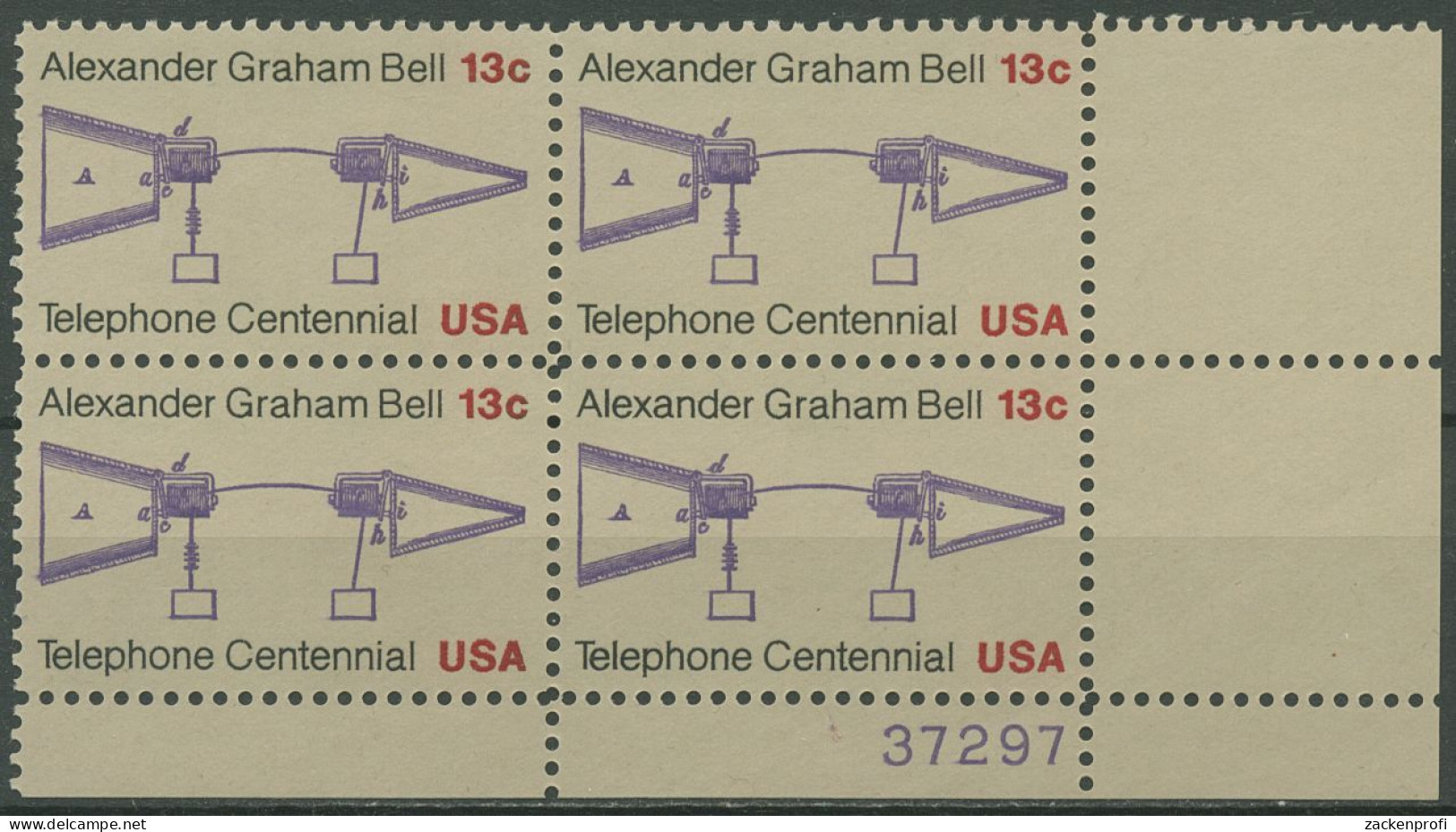 USA 1976 100 J. Telefon A. Graham Bell 1253 4er-Block Pl.-Nr. 37297 Postfrisch - Plaatnummers