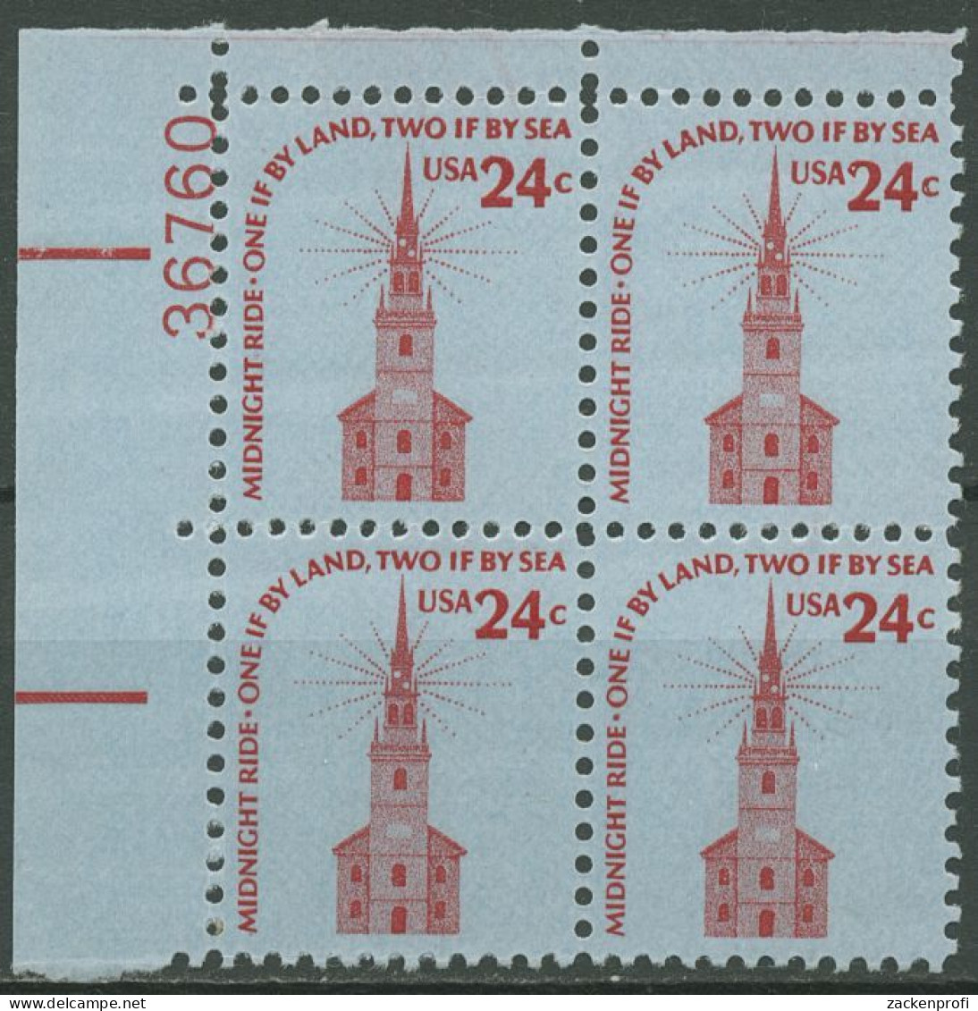 USA 1975 Alte Nordkirche Boston 1193 4er-Block Mit Pl.-Nr. Postfrisch - Plate Blocks & Sheetlets