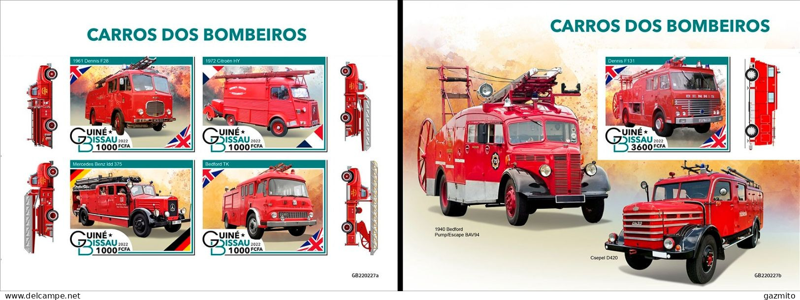 Guinea Bissau 2022, Fire Engines, 4val In BF +BF IMPERFORATED - Firemen