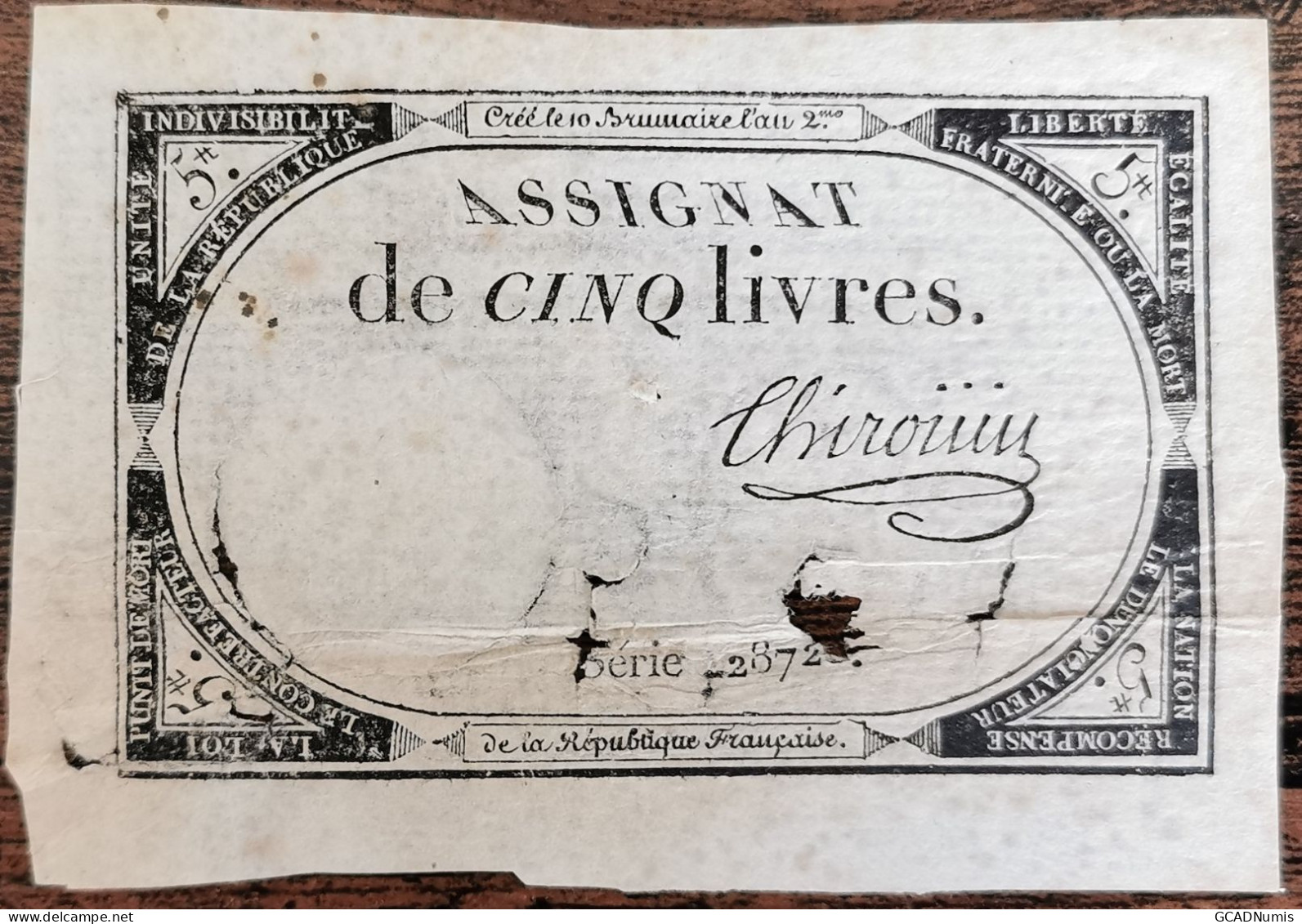 Assignat 5 Livres - 10 Brumaire L'an 2 - Série 2872? - Chirouin (cf Photos) - Assignats & Mandats Territoriaux