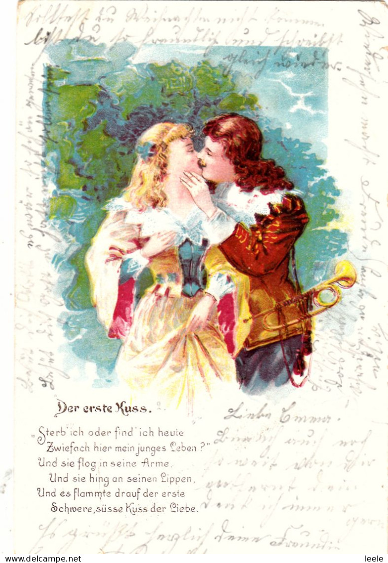 DC88. Antique German Greetings Postcard. Romantic Couple. The First Kiss. - Couples