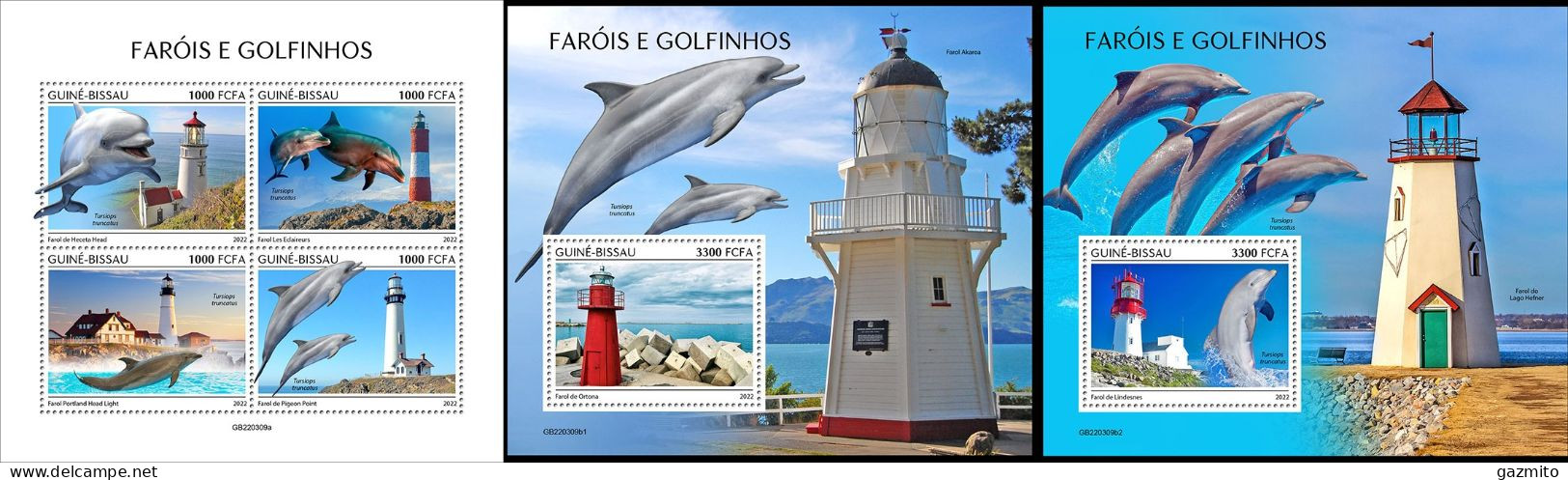 Guinea Bissau 2022, Lighthouses And Dolphins, 4val In BF+2BF - Dolfijnen
