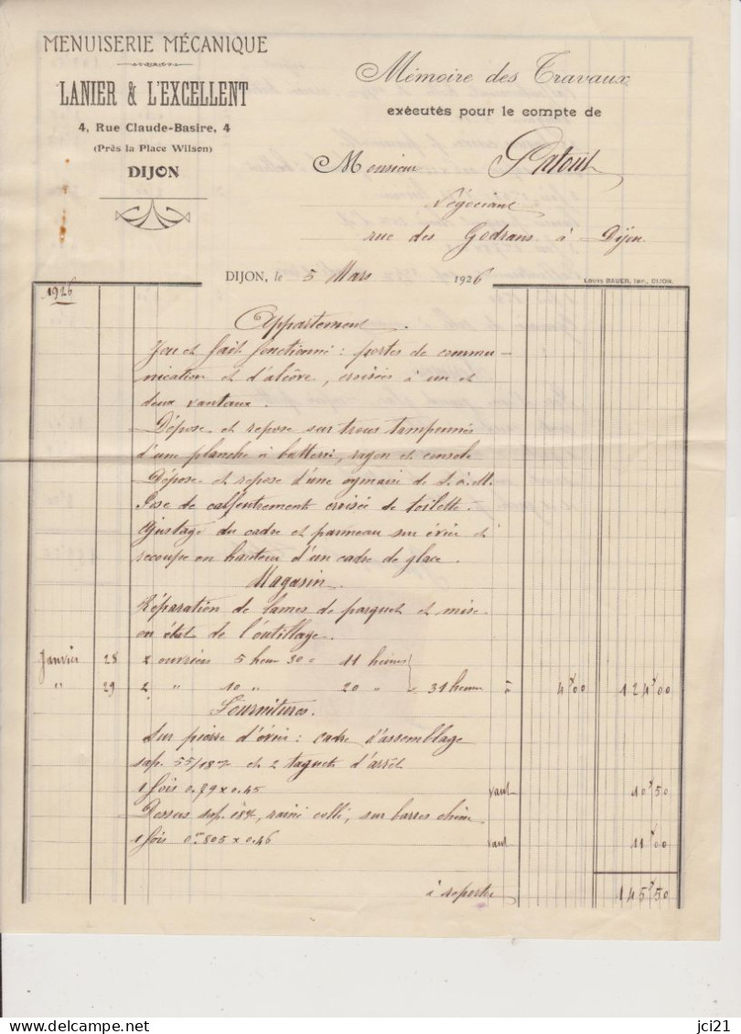 FACTURE DIJON - " MENUISERIE MECANIQUE " LANIER & L'EXCELLENT  _DF21a&b - Old Professions