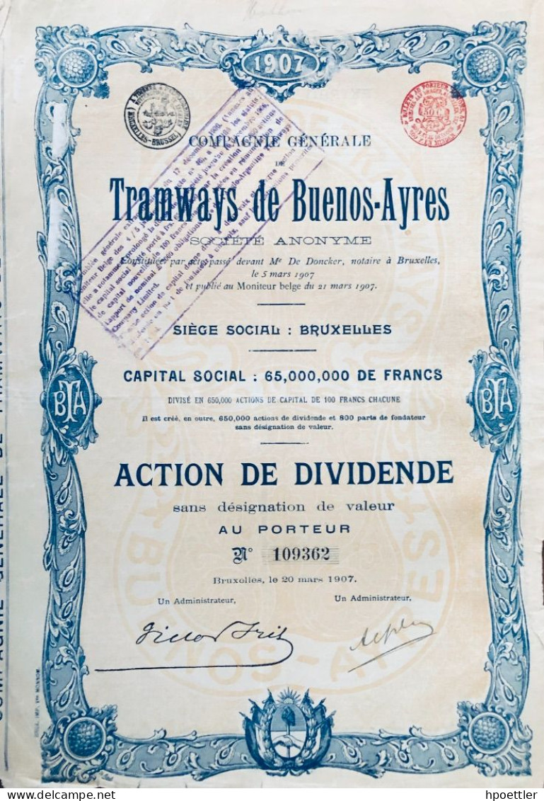 Compagnie Generale De Tramways De Buenos-Ayres - Action De Dividende 1907 + Coupon - Ferrocarril & Tranvías