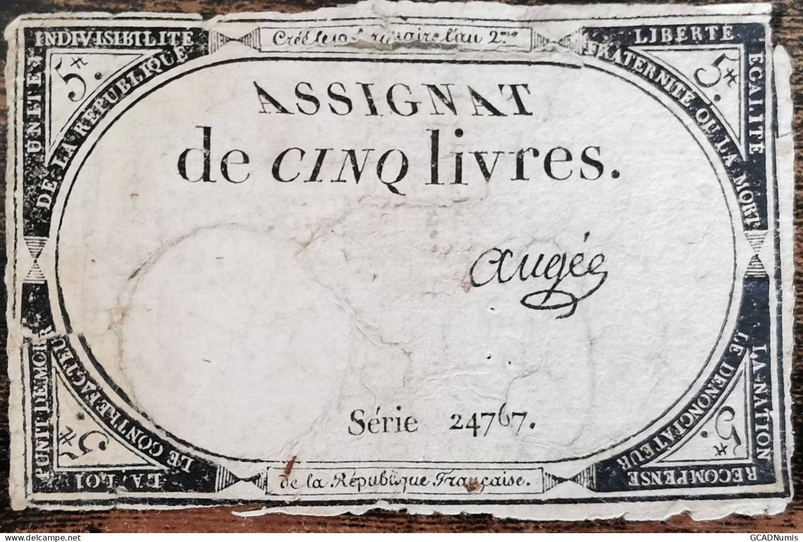 Assignat 5 Livres - 10 Brumaire L'an 2 - Série 24767 - Augée - Assegnati