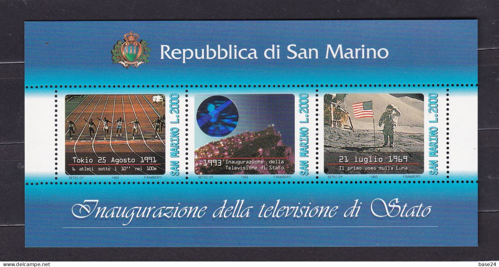 1993 San Marino Saint Marin TELEVISIONE DI STATO Foglietto Di 3 Valori MNH** Con Ologramma STATE TELEVISION Minisheet - Blocchi & Foglietti