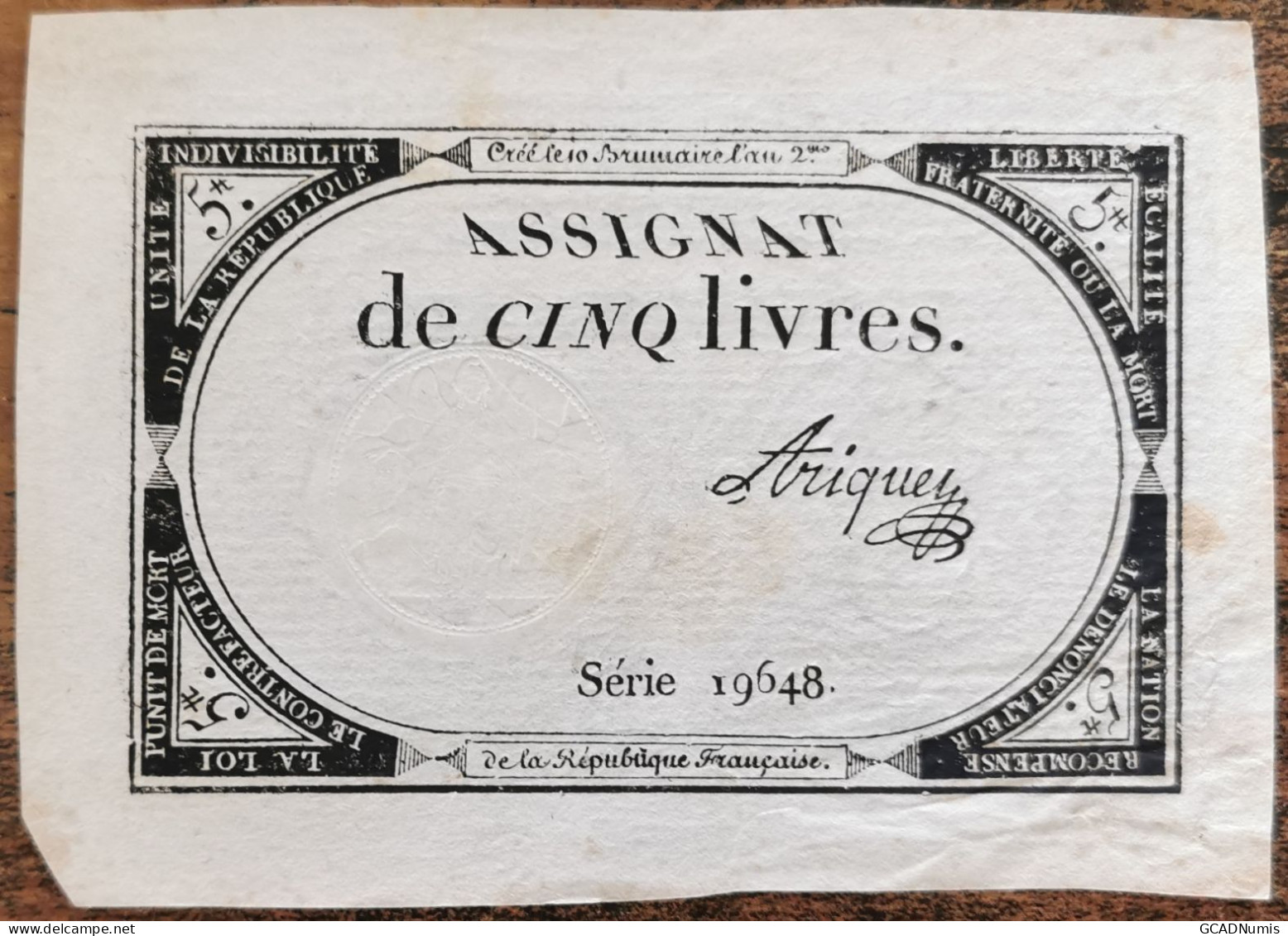 Assignat 5 Livres - 10 Brumaire L'an 2 - Série 19648 - Ariquey - Assegnati