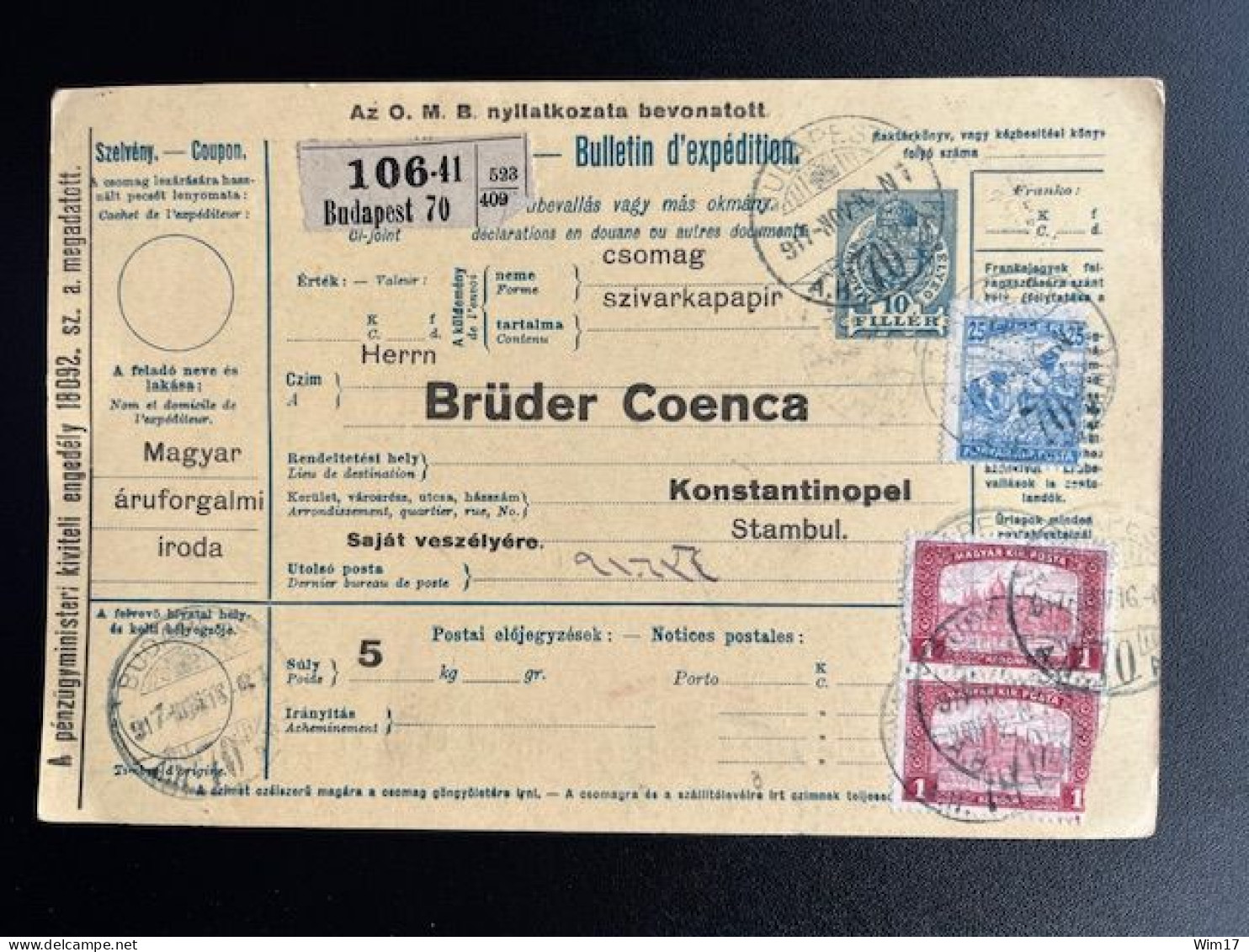 HUNGARY MAGYAR 1917 PARCEL CARD BUDAPEST TO KONSTANTINOPEL 16-11-1917 HONGARIJE UNGARN - Cartas & Documentos