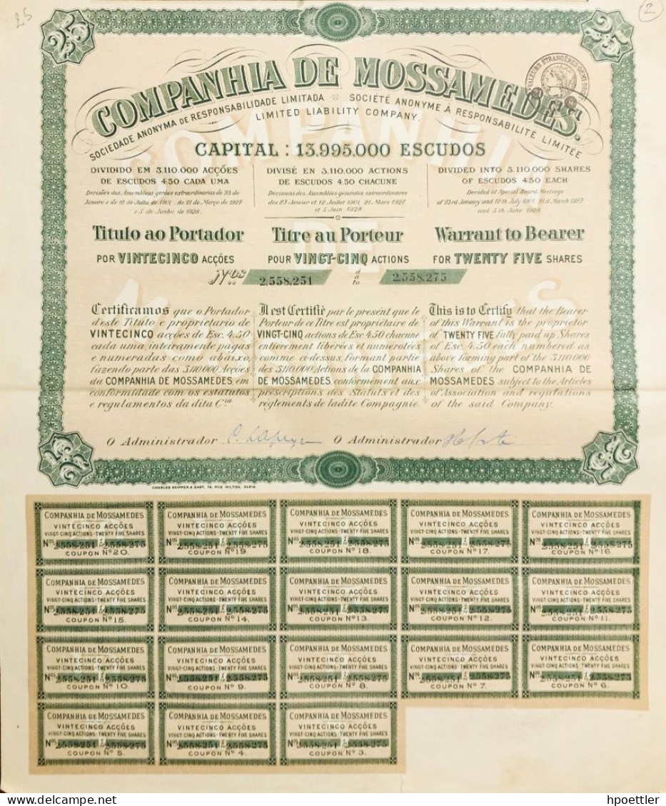 Companhia De Mossamedes - S.A. A Responsabilite Limitee 25 Action + Coupons - 1927 - Ferrocarril & Tranvías