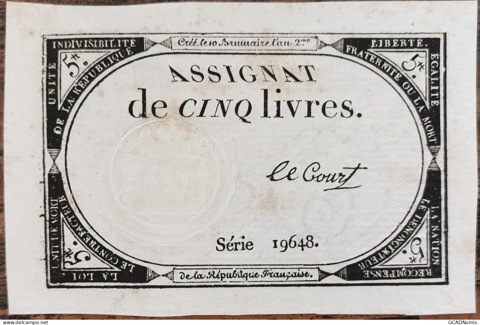 Assignat 5 Livres - 10 Brumaire L'an 2 - Série 19648 - Le Court - Assignats & Mandats Territoriaux