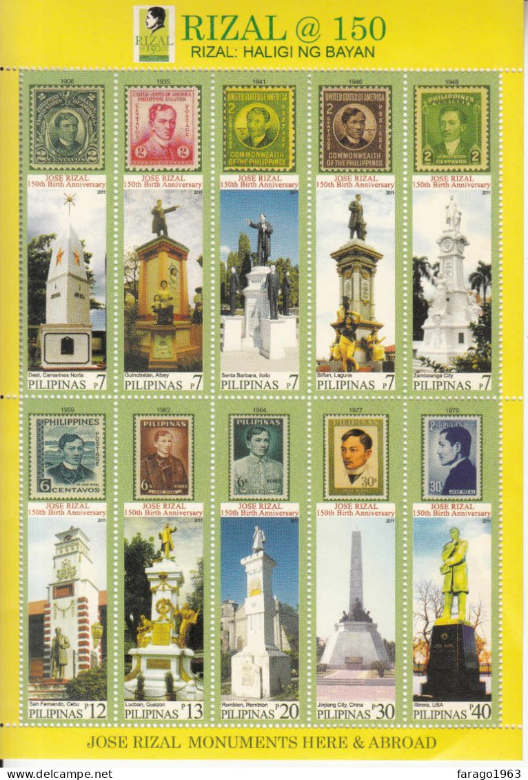 2011 Philippines RIZAL Monuments Stamps On Stamps Miniature Sheet Of 10  MNH - Philippines