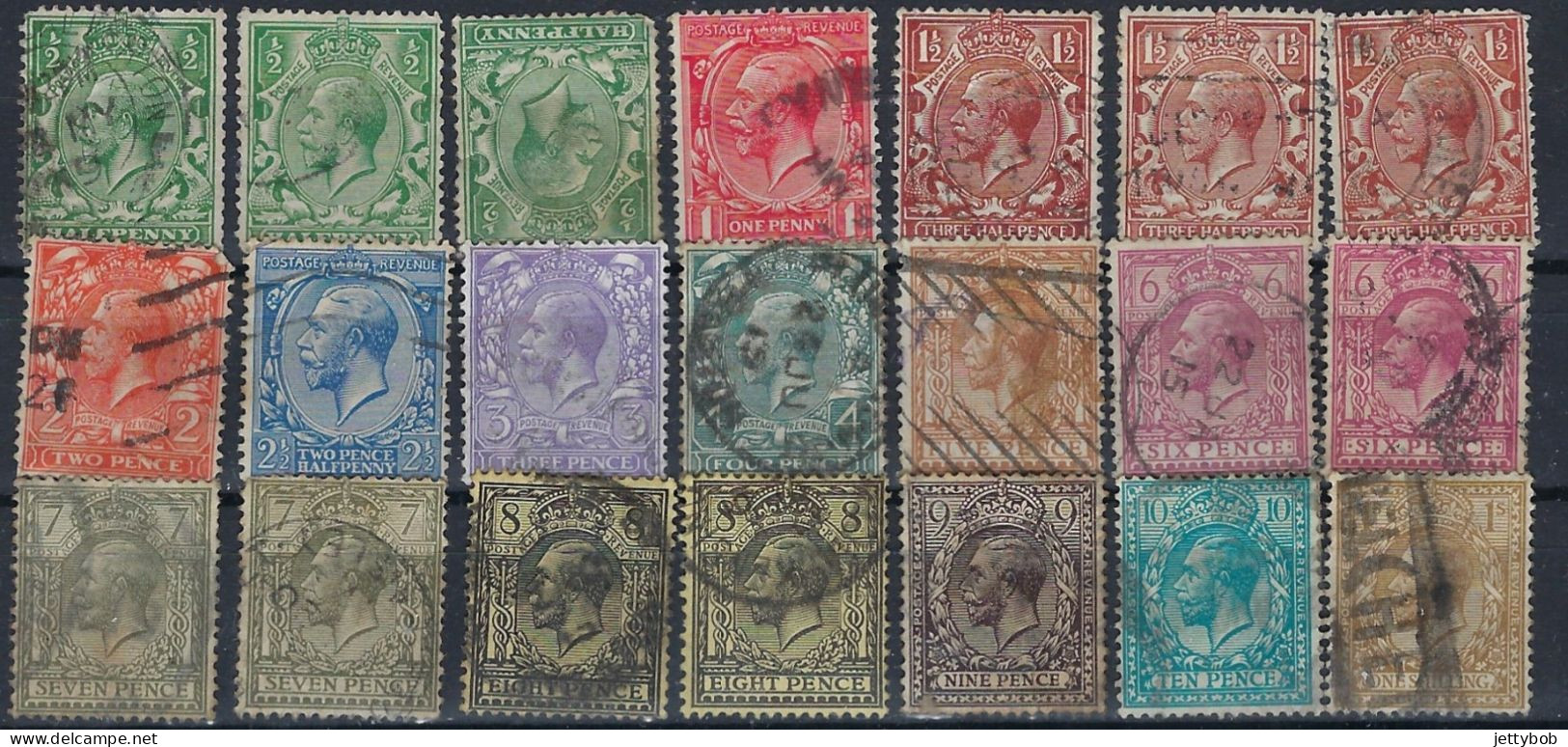 GB 1912 KGV Definitive Issue  Complete Set Of 14 Values + Some Shade Varieties + 1 Inverted Wmk (21 Stamps) Used - Oblitérés