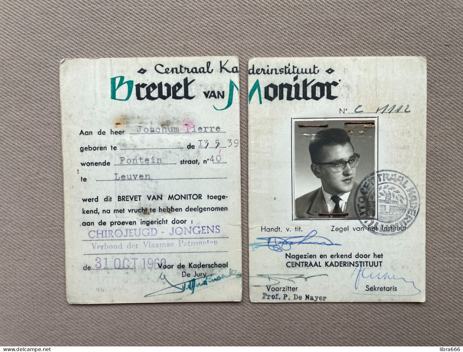 1960 - Brevet Van Monitor - CENTRAAL KADERINSTITUUT Brussel - CHIROJEUGD - JONGENS / JOACHUM Pierre, Leuven - Diplomi E Pagelle