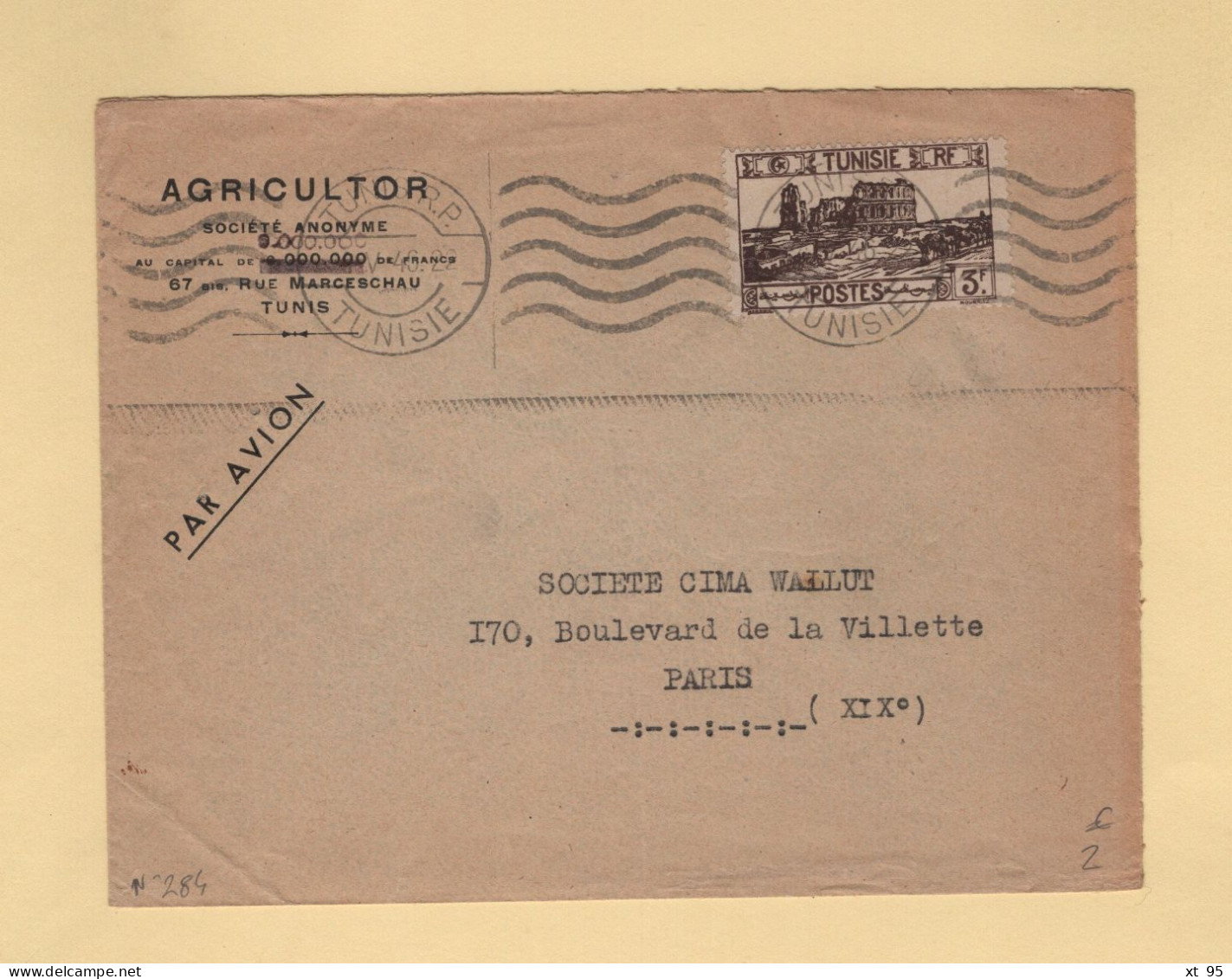 Tunisie - Tunis - 1946 - N°284 Seul Sur Lettre Par Avion Destination France - Briefe U. Dokumente